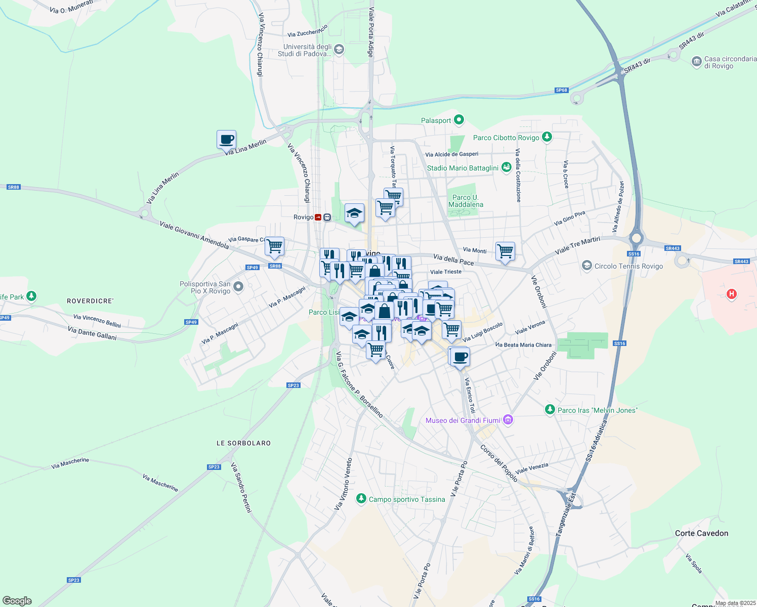 map of restaurants, bars, coffee shops, grocery stores, and more near 95 Corso del Popolo in Rovigo