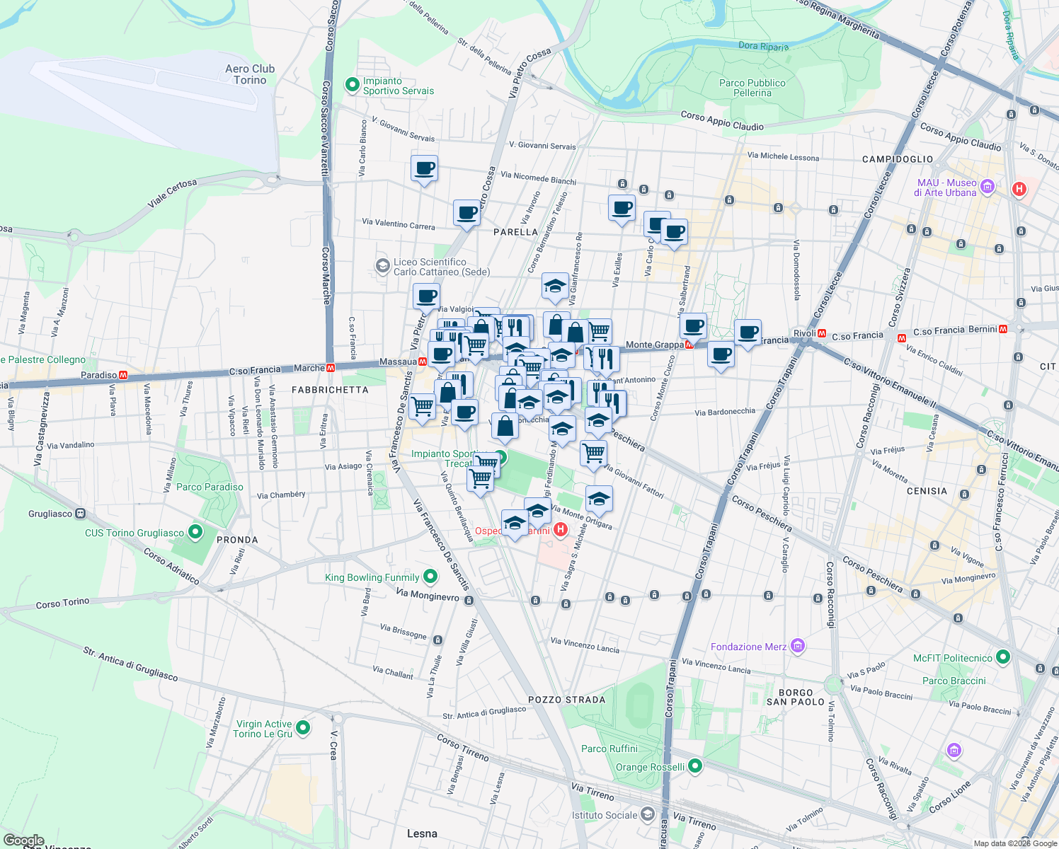 map of restaurants, bars, coffee shops, grocery stores, and more near 173 Largo Bardonecchia in Torino