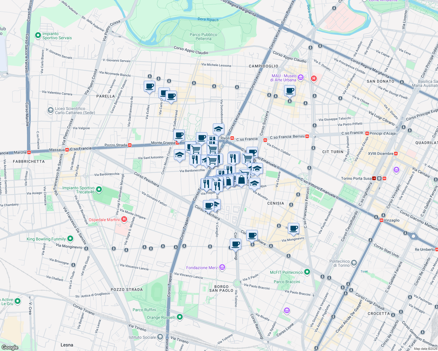 map of restaurants, bars, coffee shops, grocery stores, and more near 25 Via Luigi Capriolo in Torino