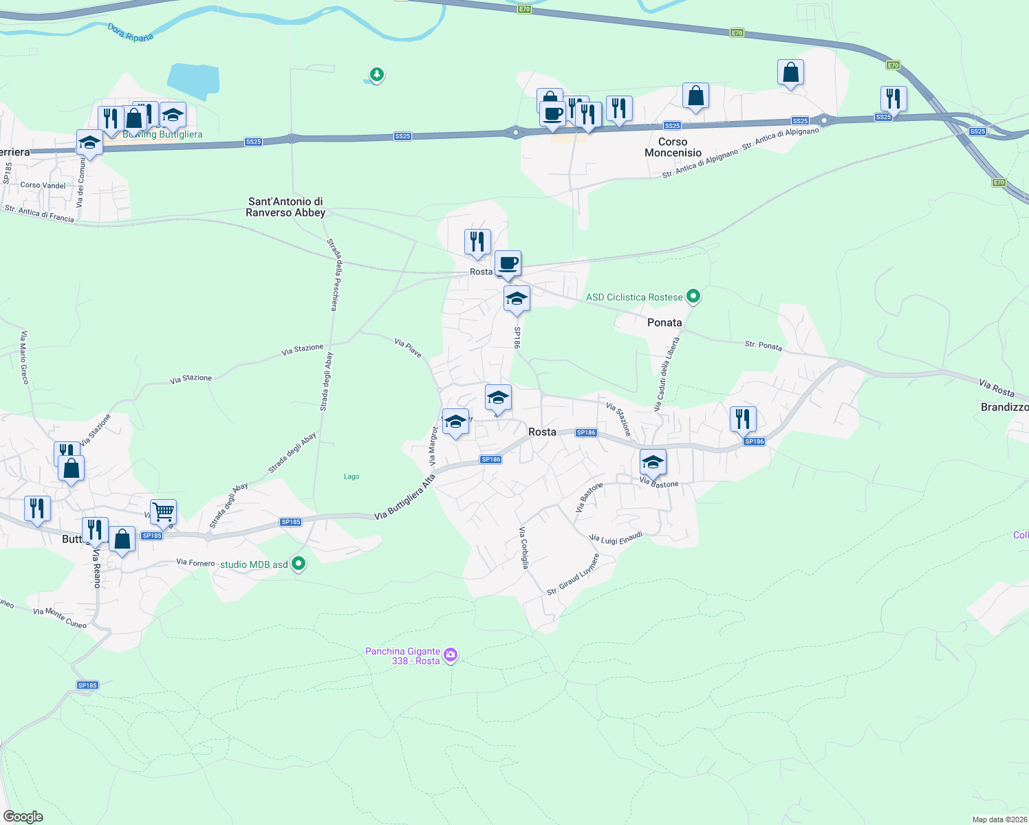 map of restaurants, bars, coffee shops, grocery stores, and more near 92 Via Piave in Rosta