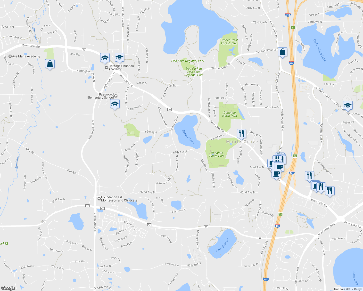 map of restaurants, bars, coffee shops, grocery stores, and more near 6427 Ithaca Lane North in Maple Grove