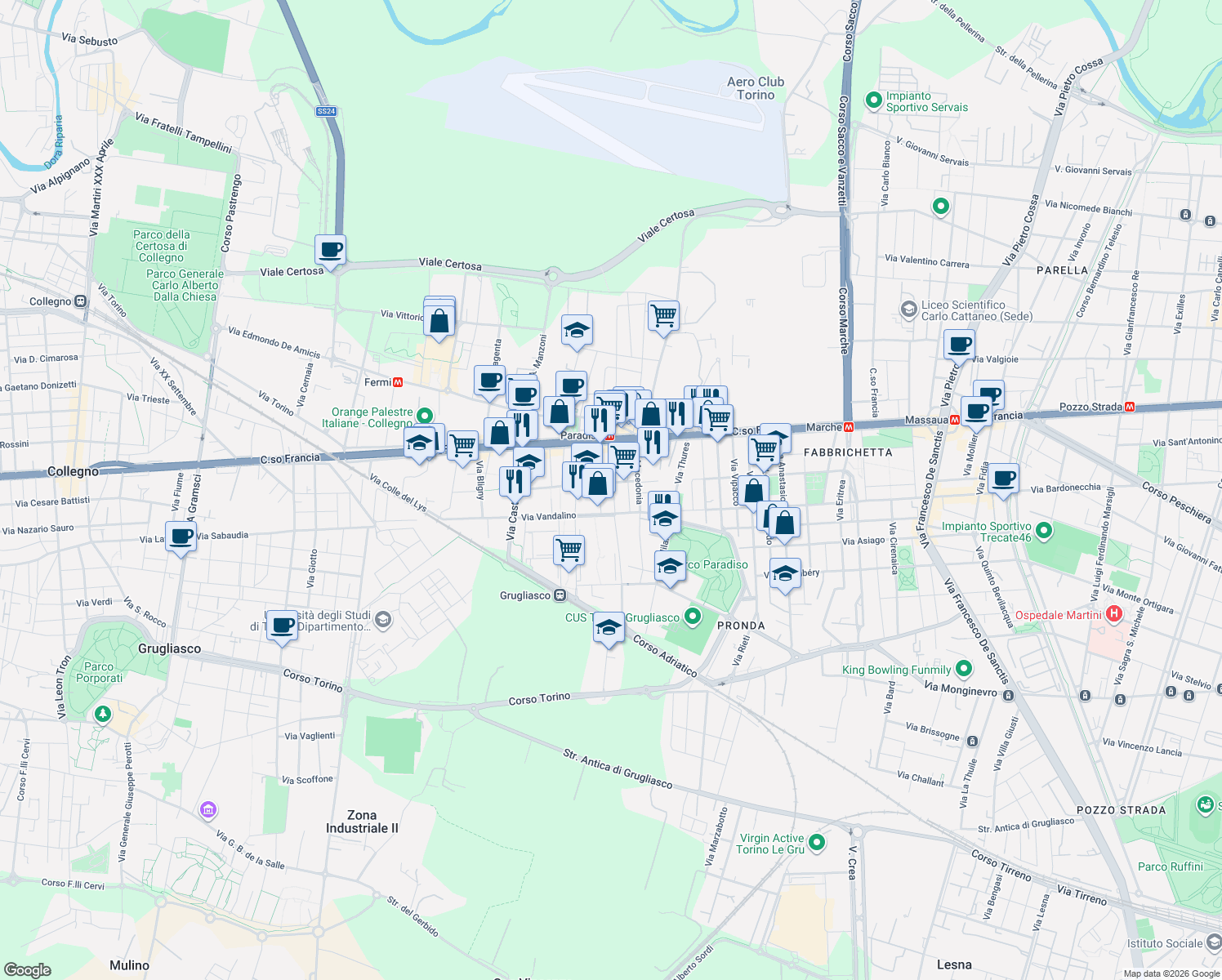 map of restaurants, bars, coffee shops, grocery stores, and more near 16 Via Podgora in Grugliasco