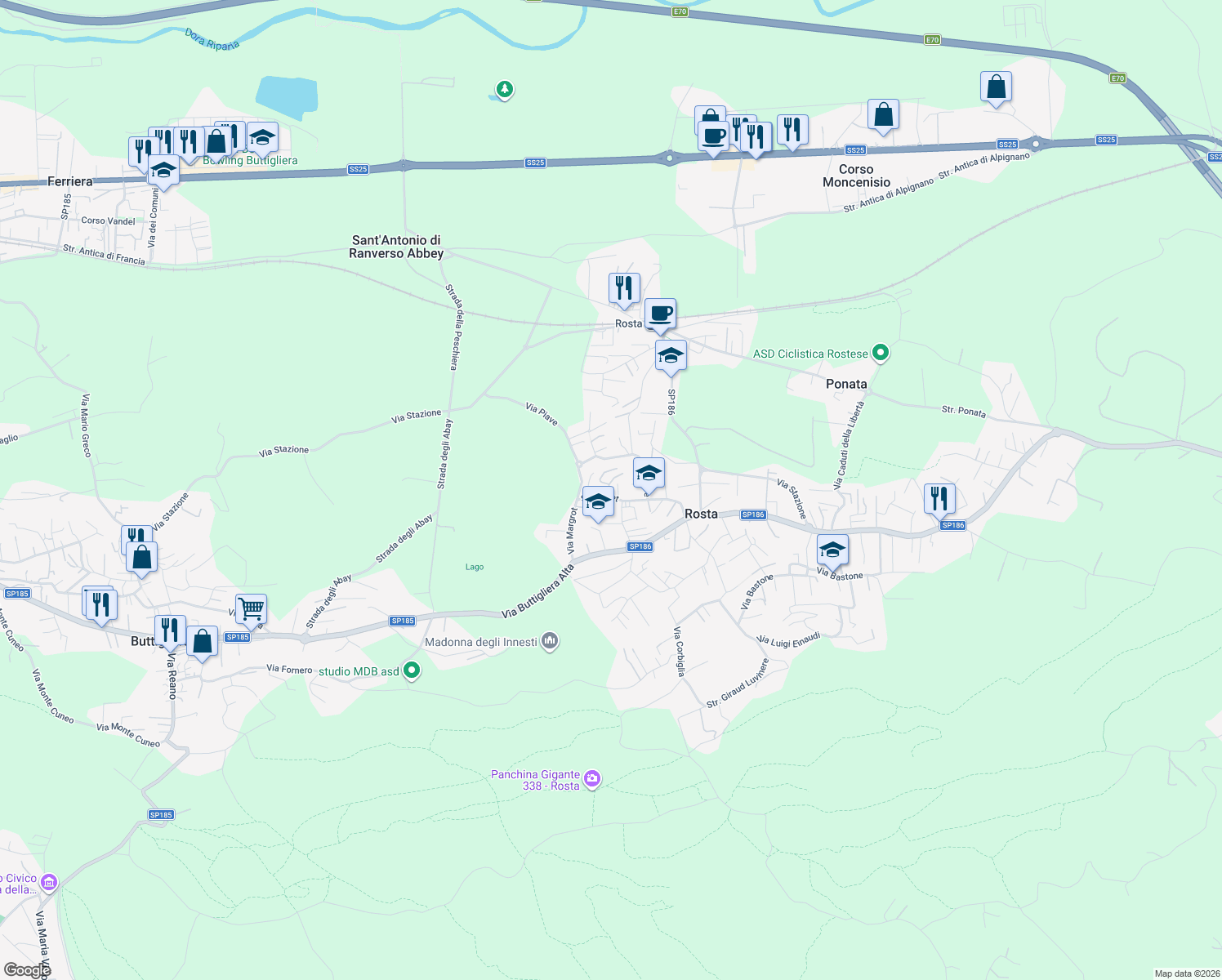 map of restaurants, bars, coffee shops, grocery stores, and more near 30 Strada Bucet in Rosta