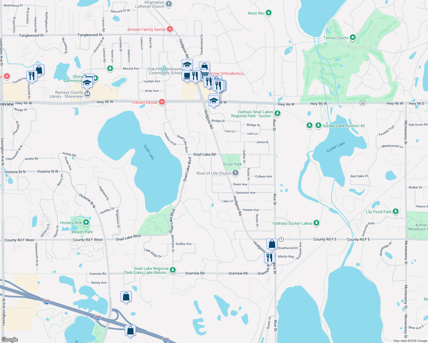map of restaurants, bars, coffee shops, grocery stores, and more near 4320 Virginia Avenue in Shoreview
