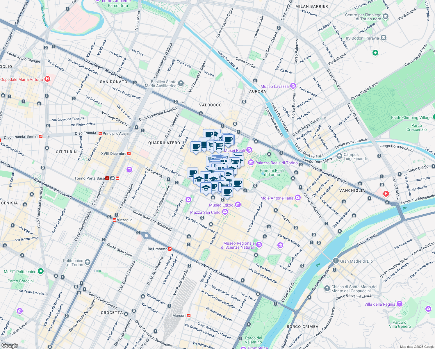 map of restaurants, bars, coffee shops, grocery stores, and more near 3G Via dei Mercanti in Torino
