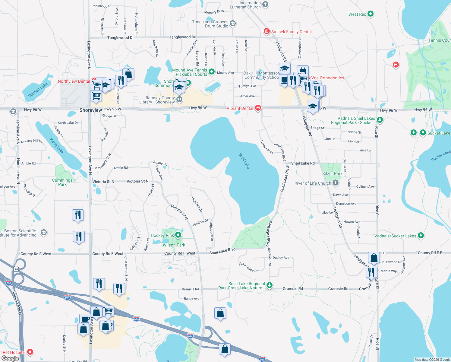 map of restaurants, bars, coffee shops, grocery stores, and more near 4302 Reiland Lane in Shoreview