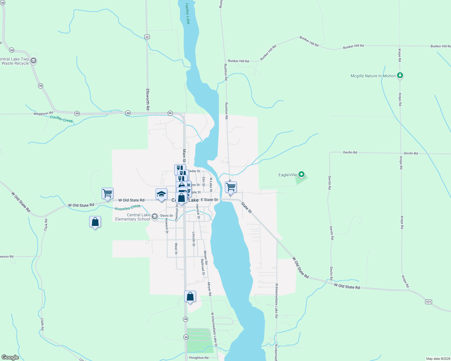 map of restaurants, bars, coffee shops, grocery stores, and more near 2541 Rushton Rd in Central Lake