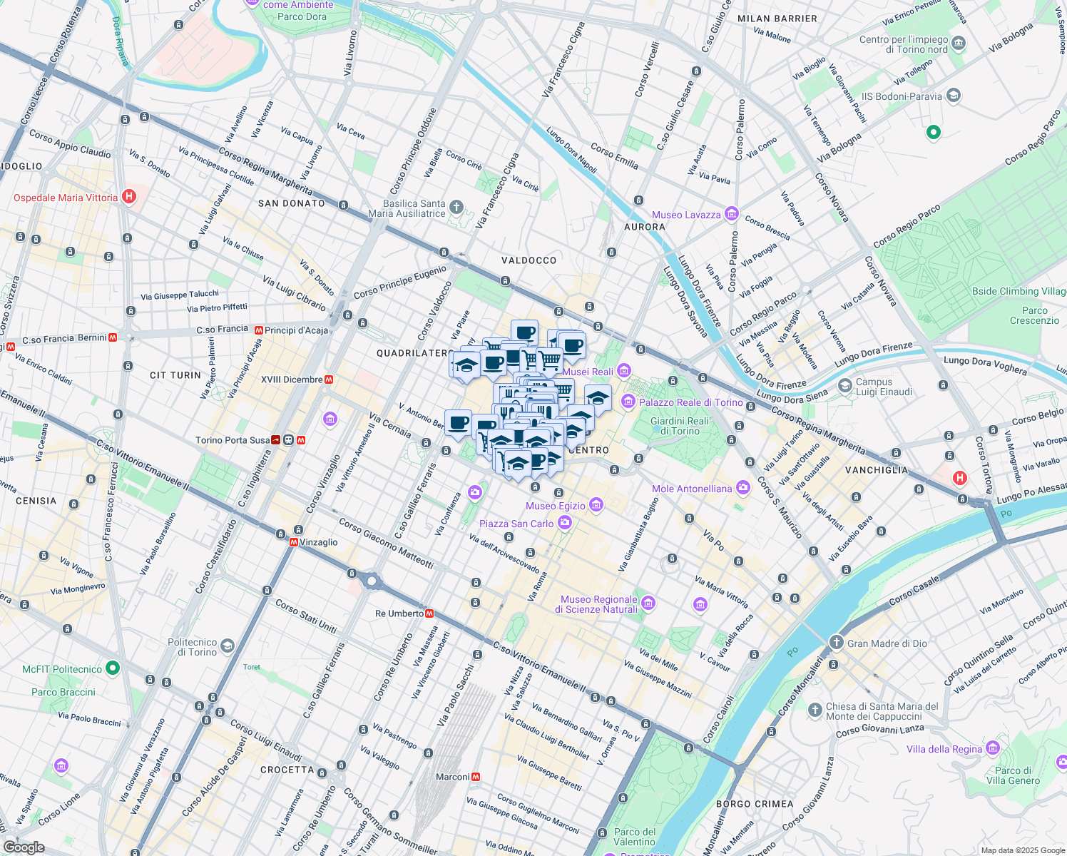 map of restaurants, bars, coffee shops, grocery stores, and more near 32 Via Monte di Pietà in Torino