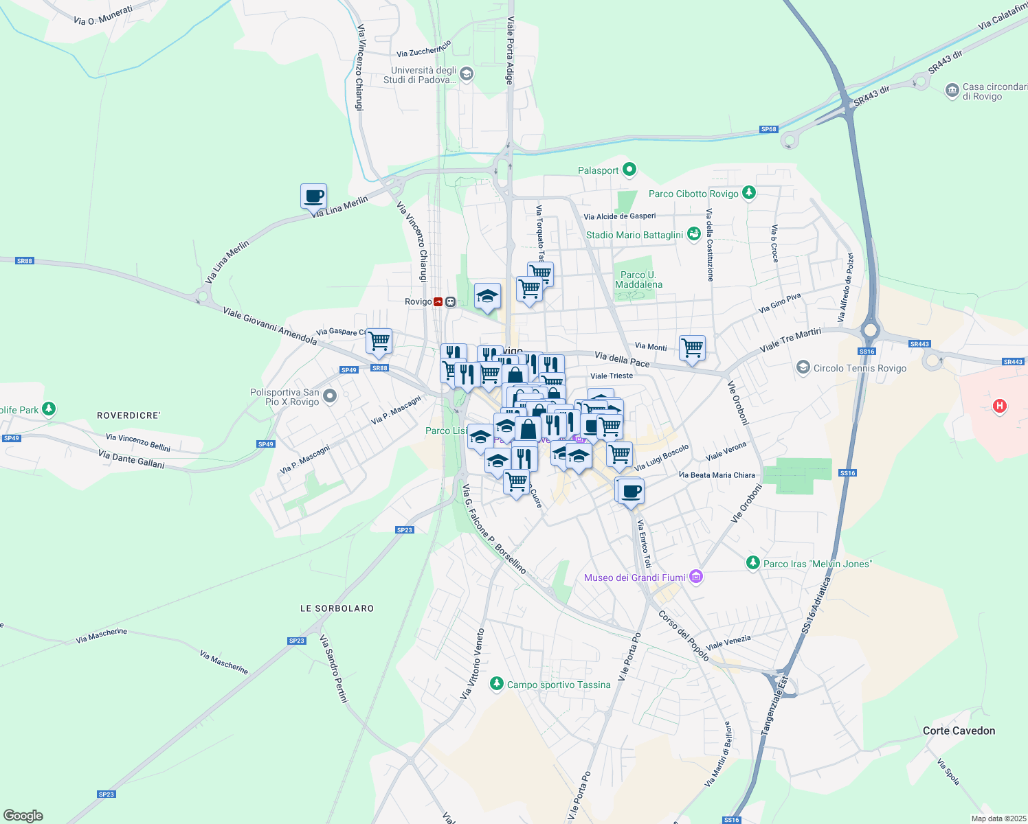 map of restaurants, bars, coffee shops, grocery stores, and more near 95 Corso del Popolo in Rovigo