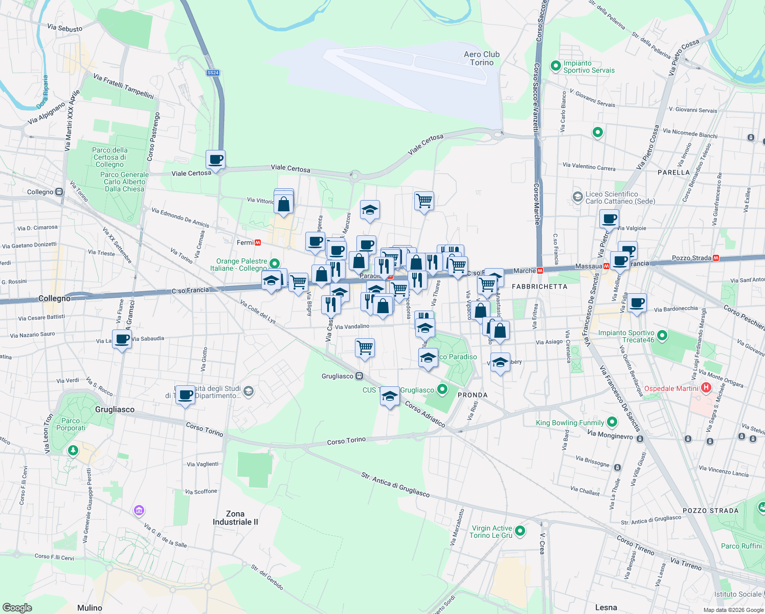 map of restaurants, bars, coffee shops, grocery stores, and more near 16 Via Podgora in Grugliasco