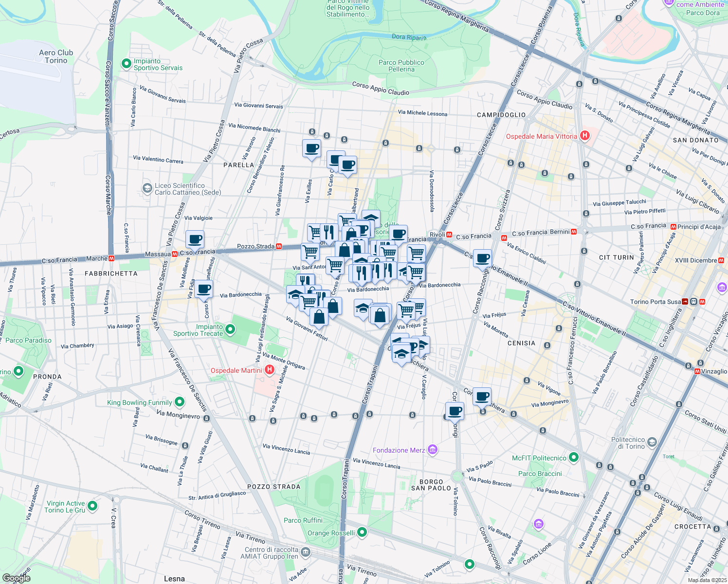 map of restaurants, bars, coffee shops, grocery stores, and more near 25 Via Borgone in Torino
