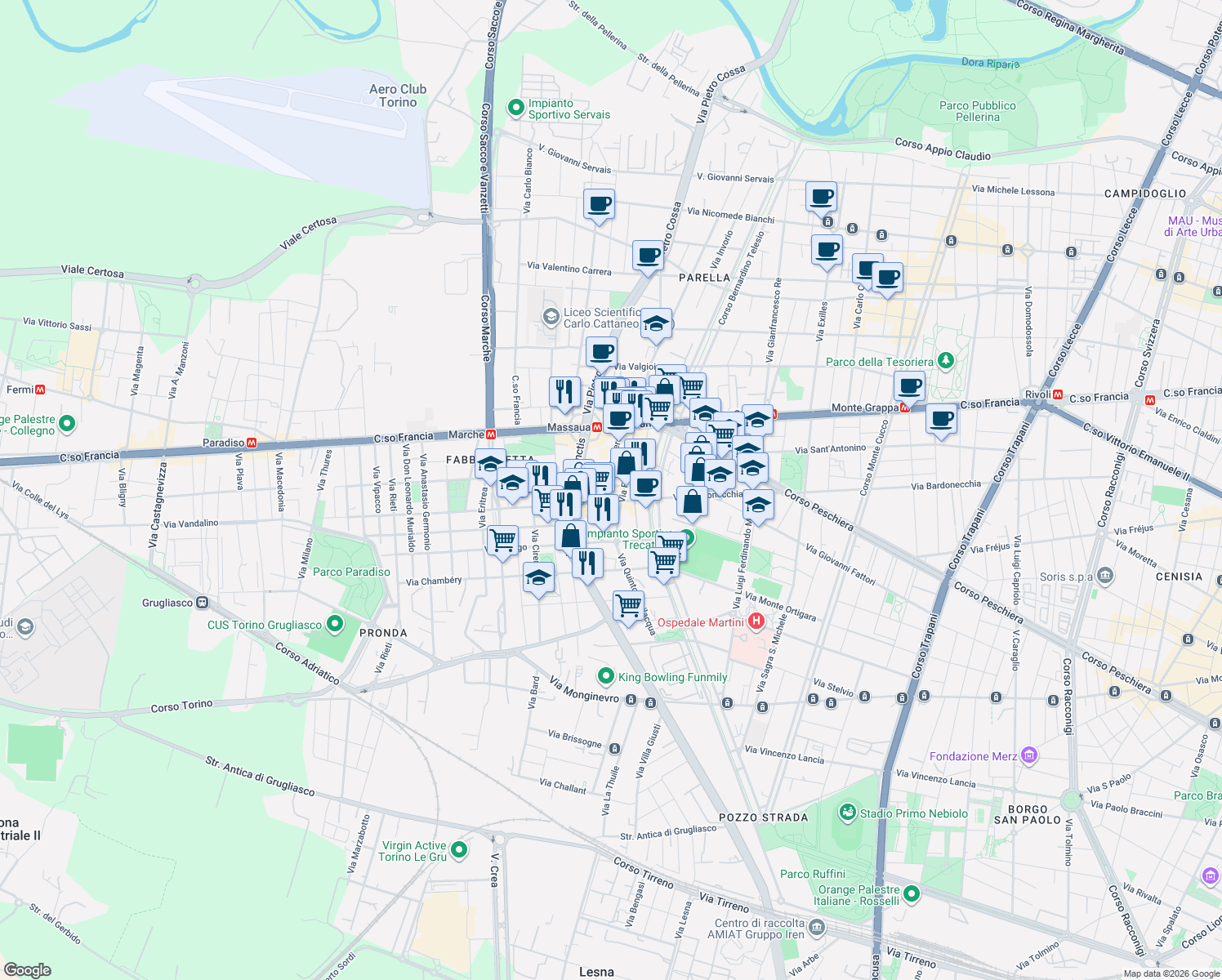 map of restaurants, bars, coffee shops, grocery stores, and more near 25 Via Fidia in Torino