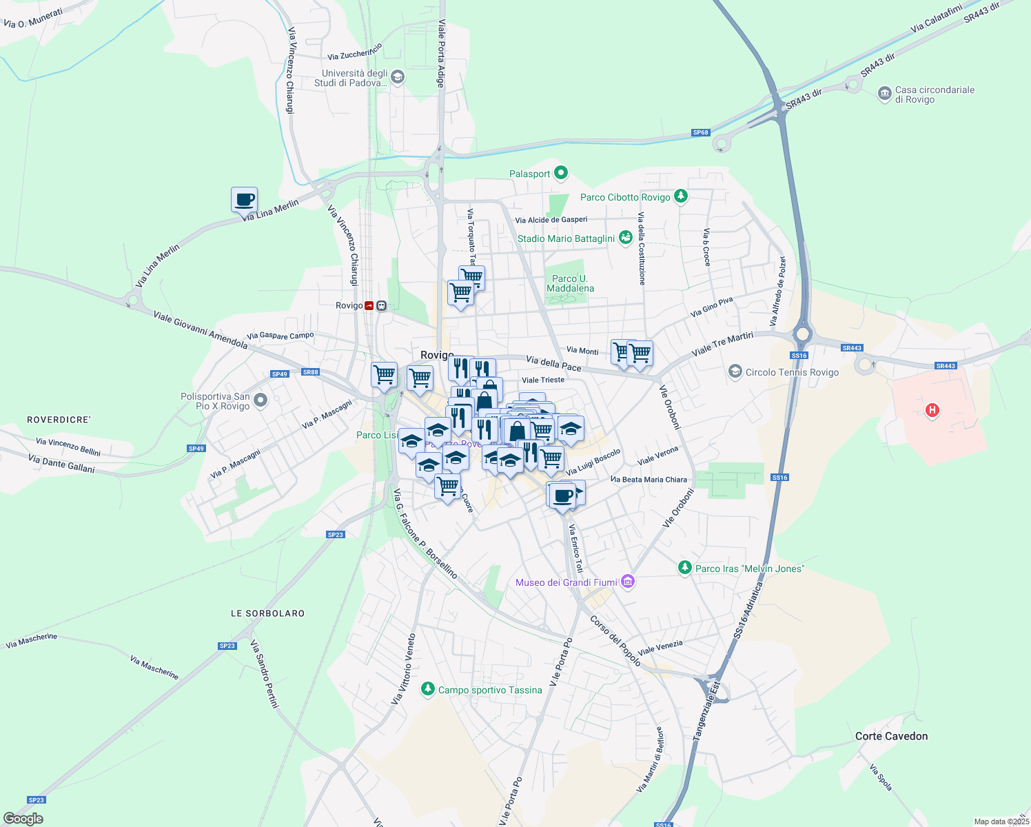 map of restaurants, bars, coffee shops, grocery stores, and more near 12 Via Giuseppe Mazzini in Rovigo