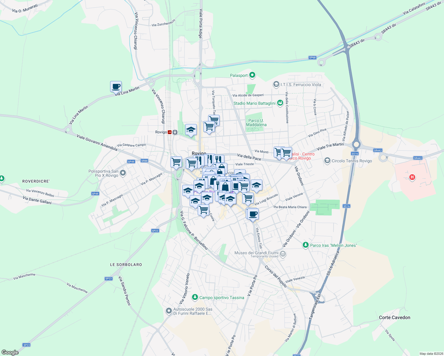 map of restaurants, bars, coffee shops, grocery stores, and more near 4 Via Mure San Giuseppe in Rovigo