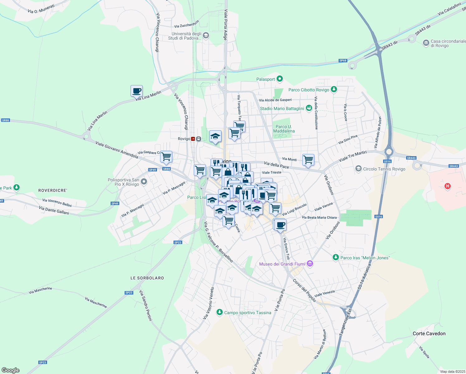 map of restaurants, bars, coffee shops, grocery stores, and more near 27 Via Umberto I in Rovigo