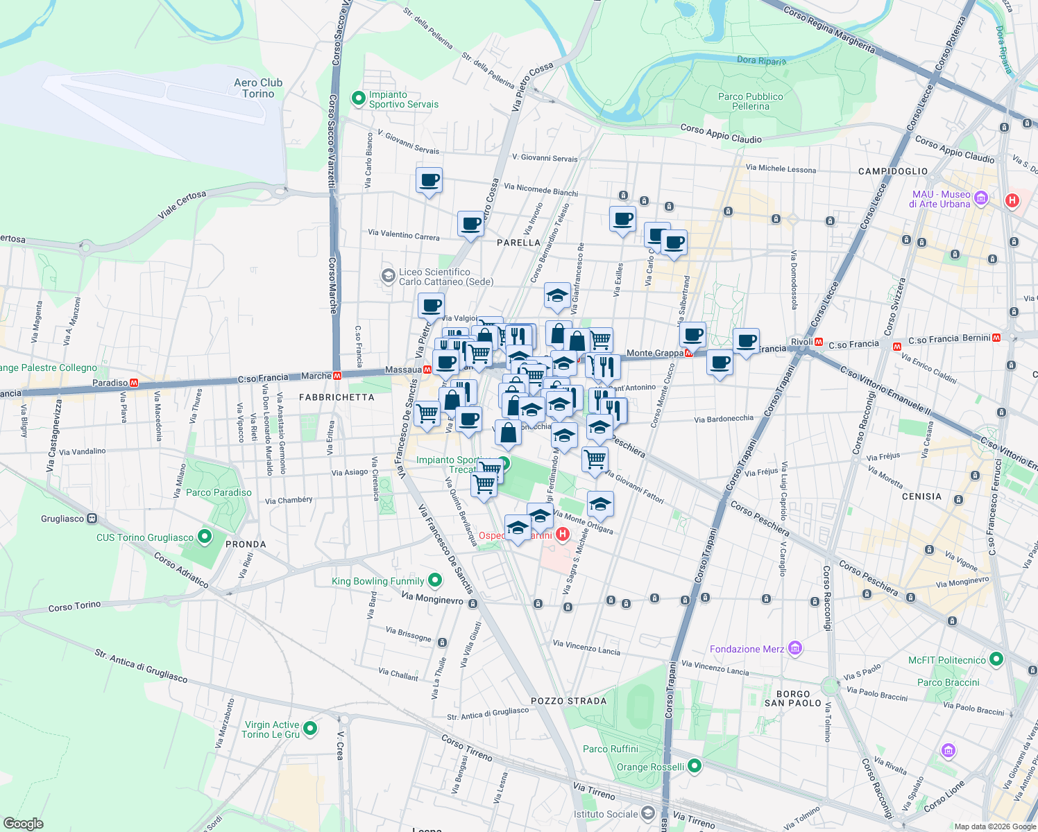 map of restaurants, bars, coffee shops, grocery stores, and more near 173 Largo Bardonecchia in Turin