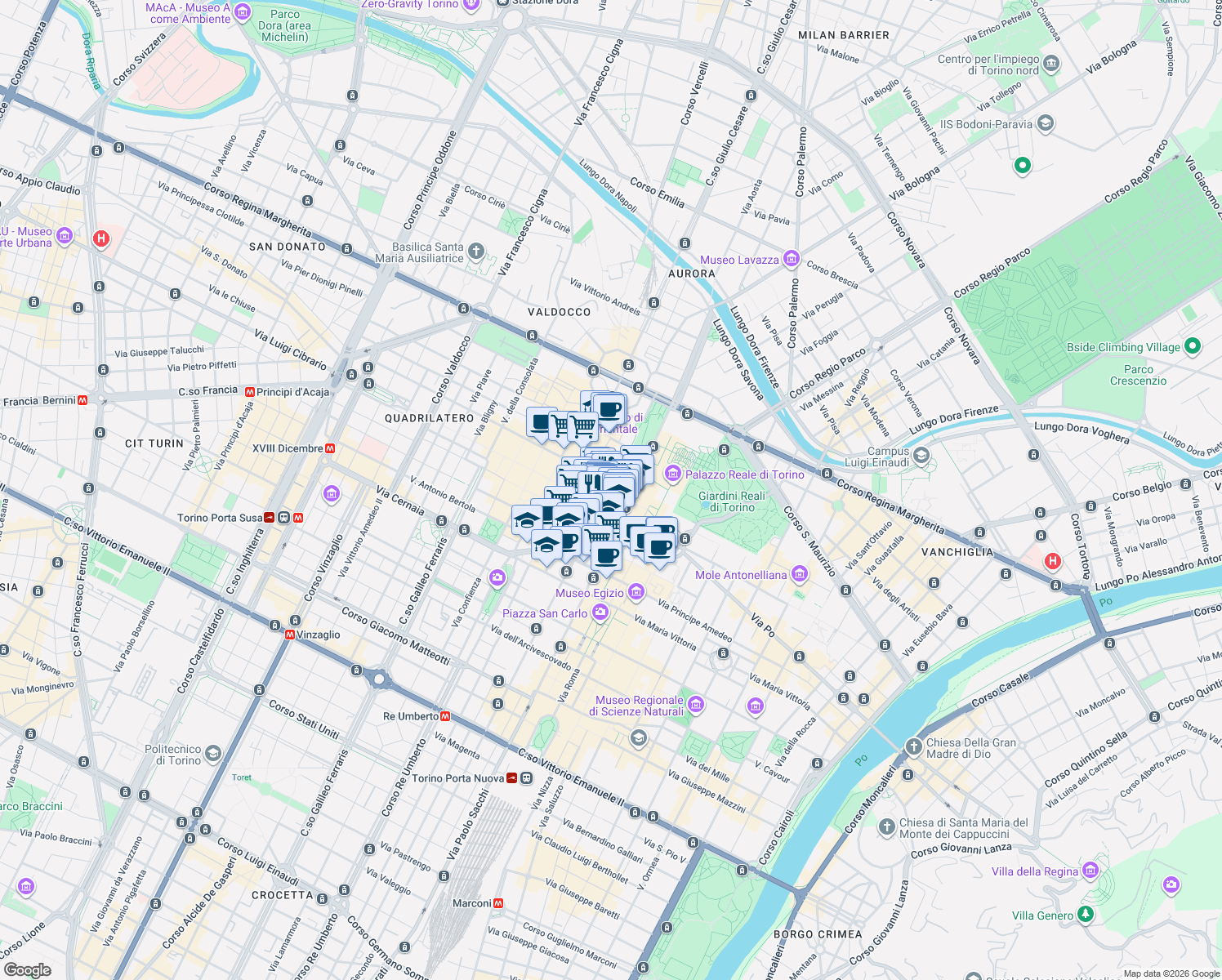 map of restaurants, bars, coffee shops, grocery stores, and more near 8 Via Giuseppe Garibaldi in Torino