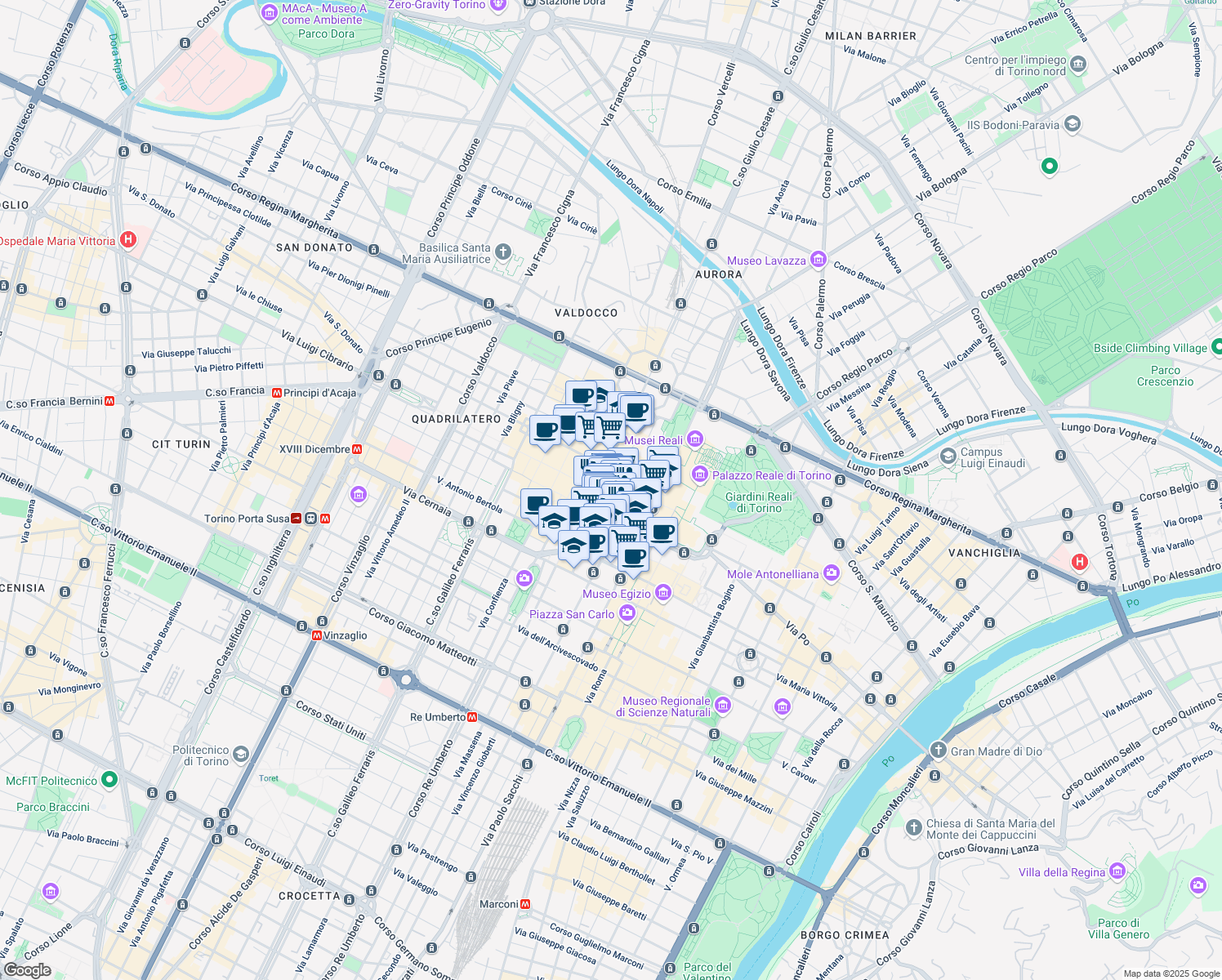 map of restaurants, bars, coffee shops, grocery stores, and more near 3G Via dei Mercanti in Torino
