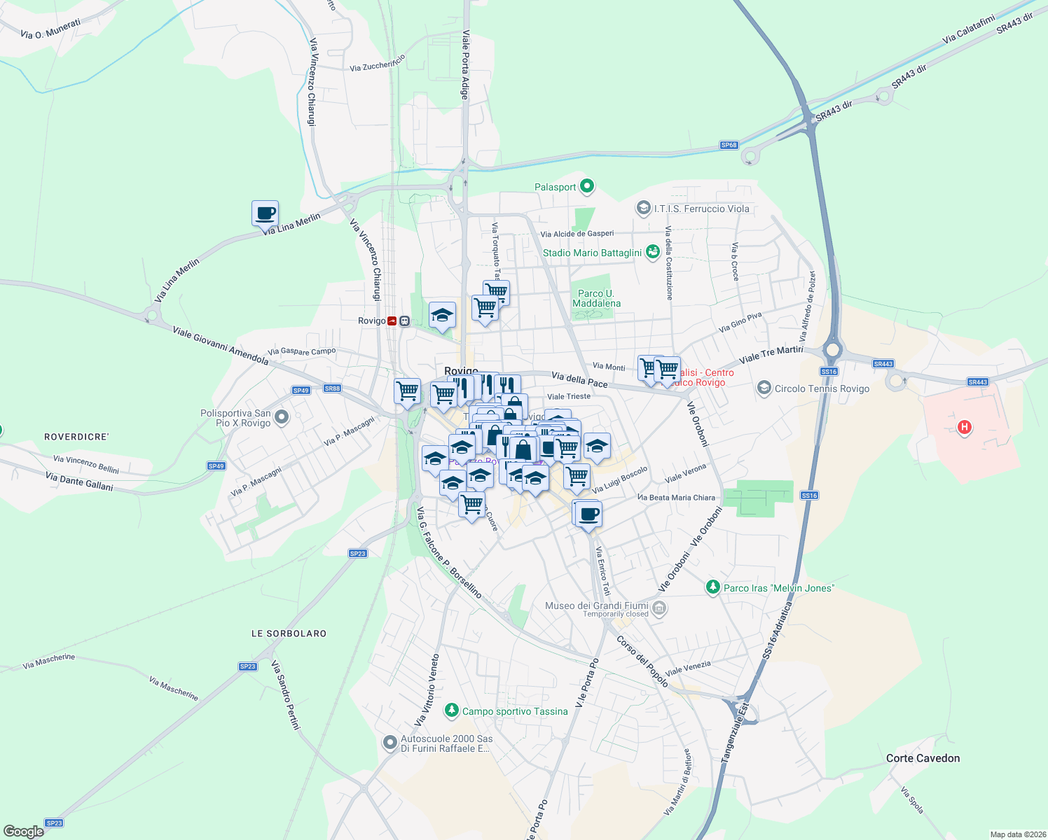 map of restaurants, bars, coffee shops, grocery stores, and more near 4 Via Mure San Giuseppe in Rovigo
