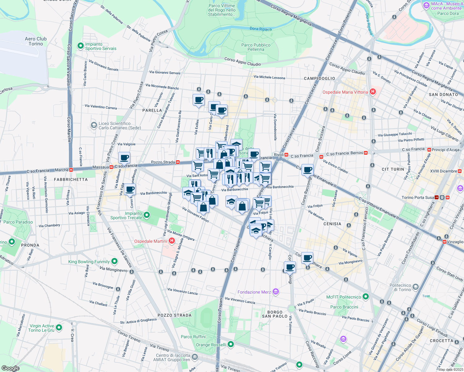 map of restaurants, bars, coffee shops, grocery stores, and more near 25 Via Borgone in Torino