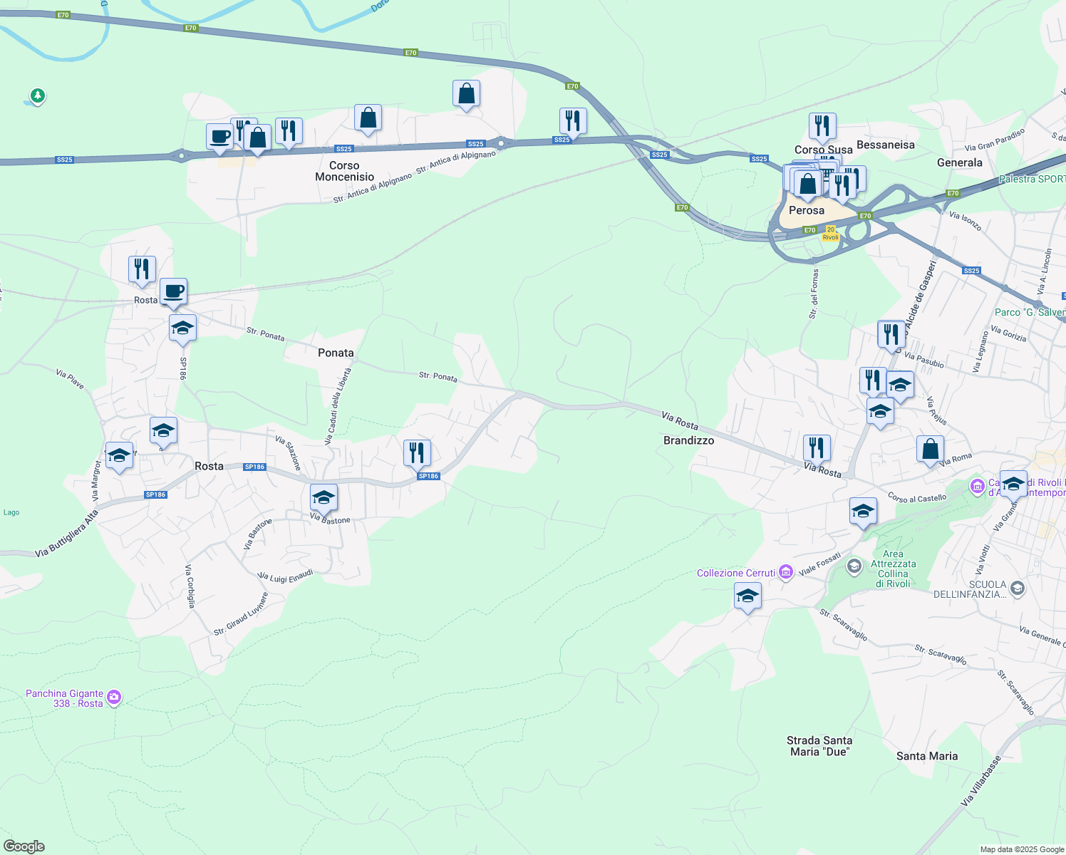 map of restaurants, bars, coffee shops, grocery stores, and more near 185 Via Rosta in Città Metropolitana di Torino