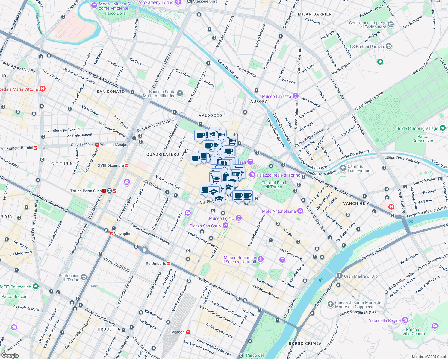 map of restaurants, bars, coffee shops, grocery stores, and more near 11 Largo IV Marzo in Torino