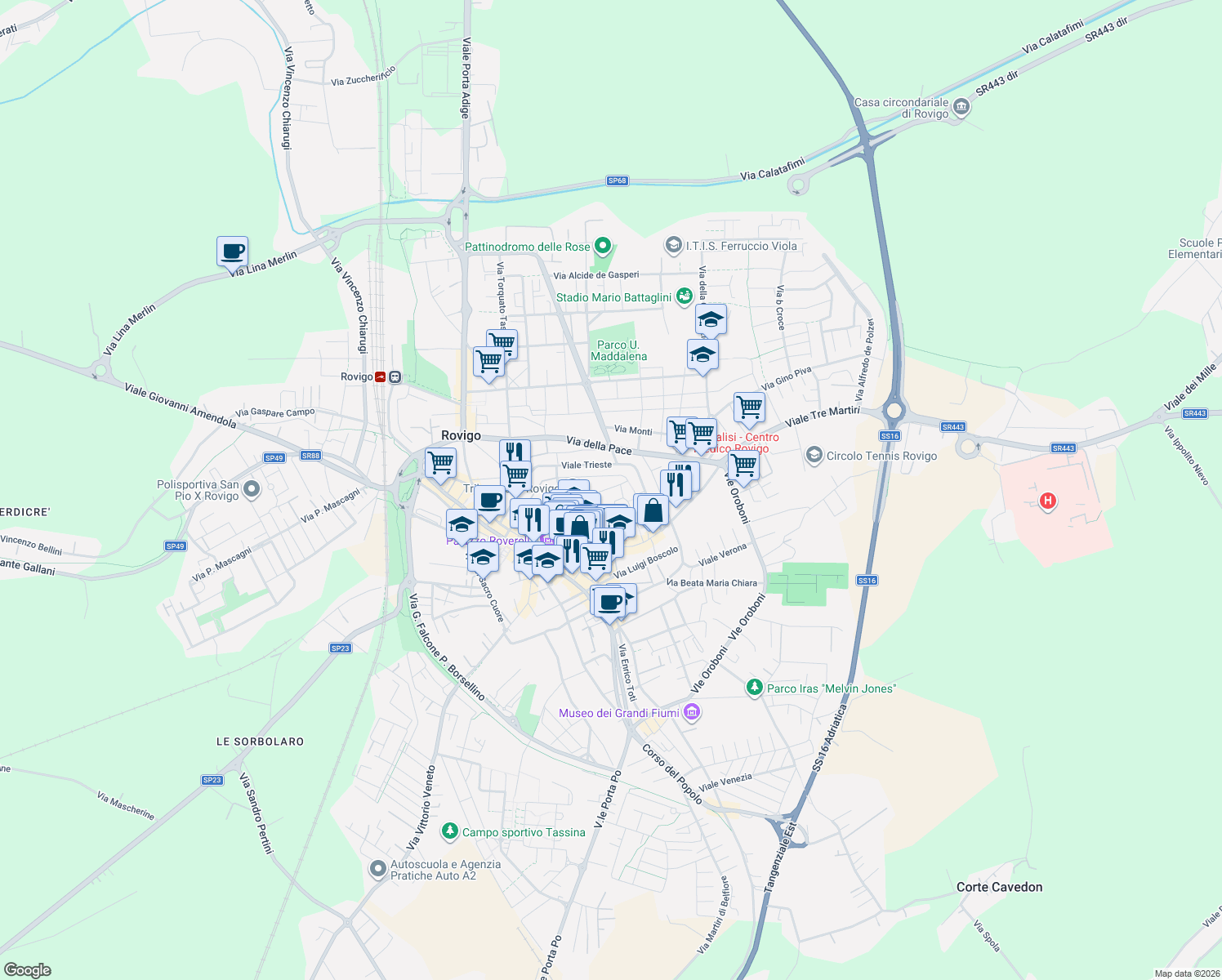 map of restaurants, bars, coffee shops, grocery stores, and more near 45 Via Mure Soccorso in Rovigo