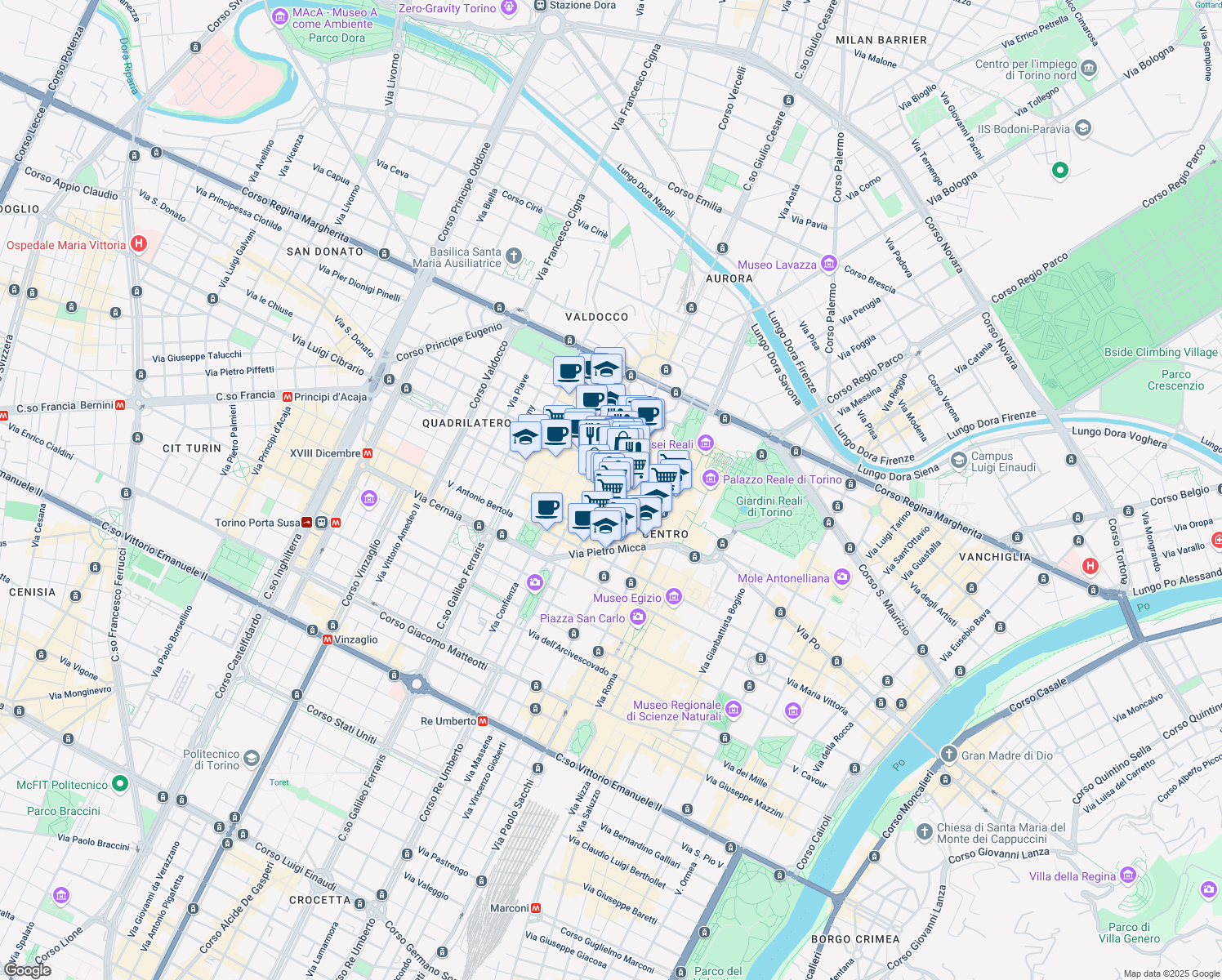 map of restaurants, bars, coffee shops, grocery stores, and more near 4/B Piazza Palazzo di Città in Torino