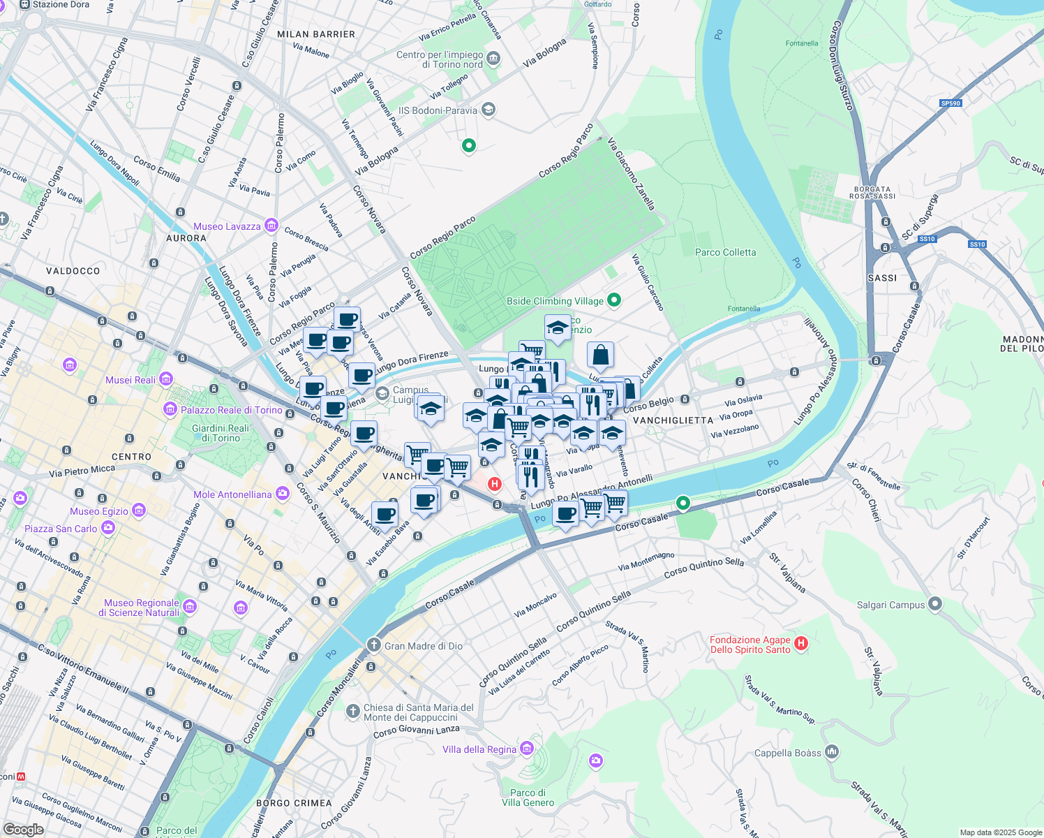 map of restaurants, bars, coffee shops, grocery stores, and more near 15 Via Cossila in Torino