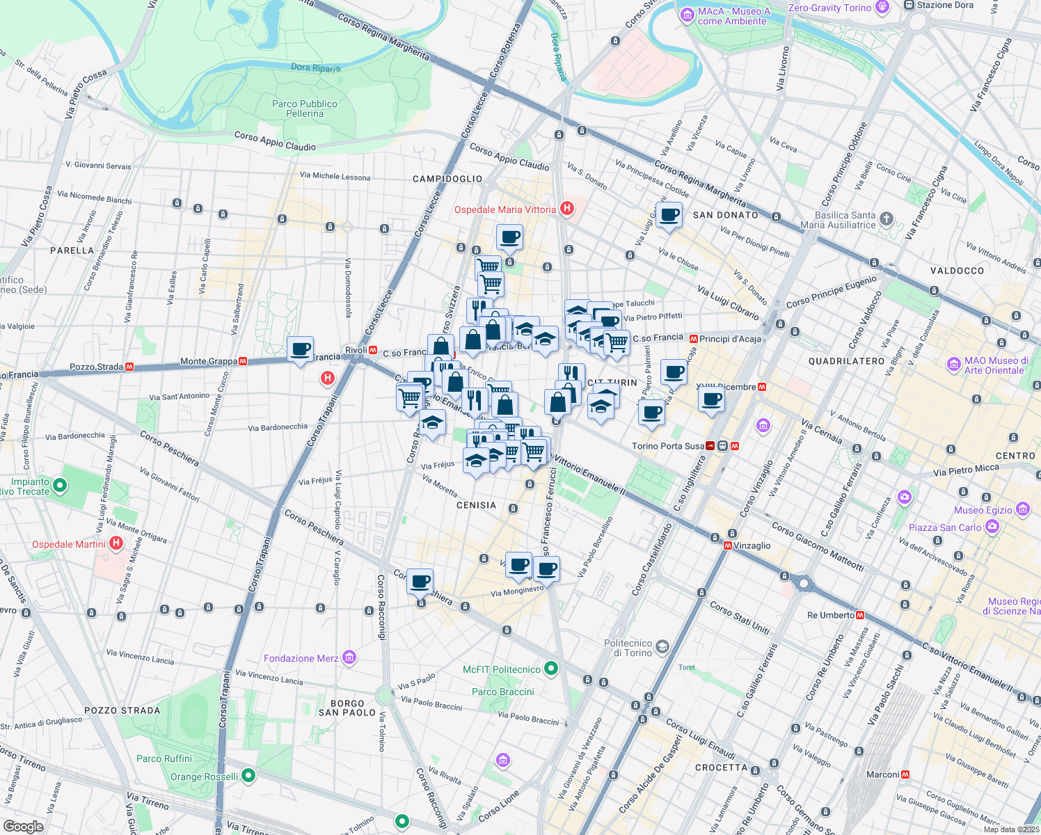 map of restaurants, bars, coffee shops, grocery stores, and more near 1 Via Groscavallo in Turin