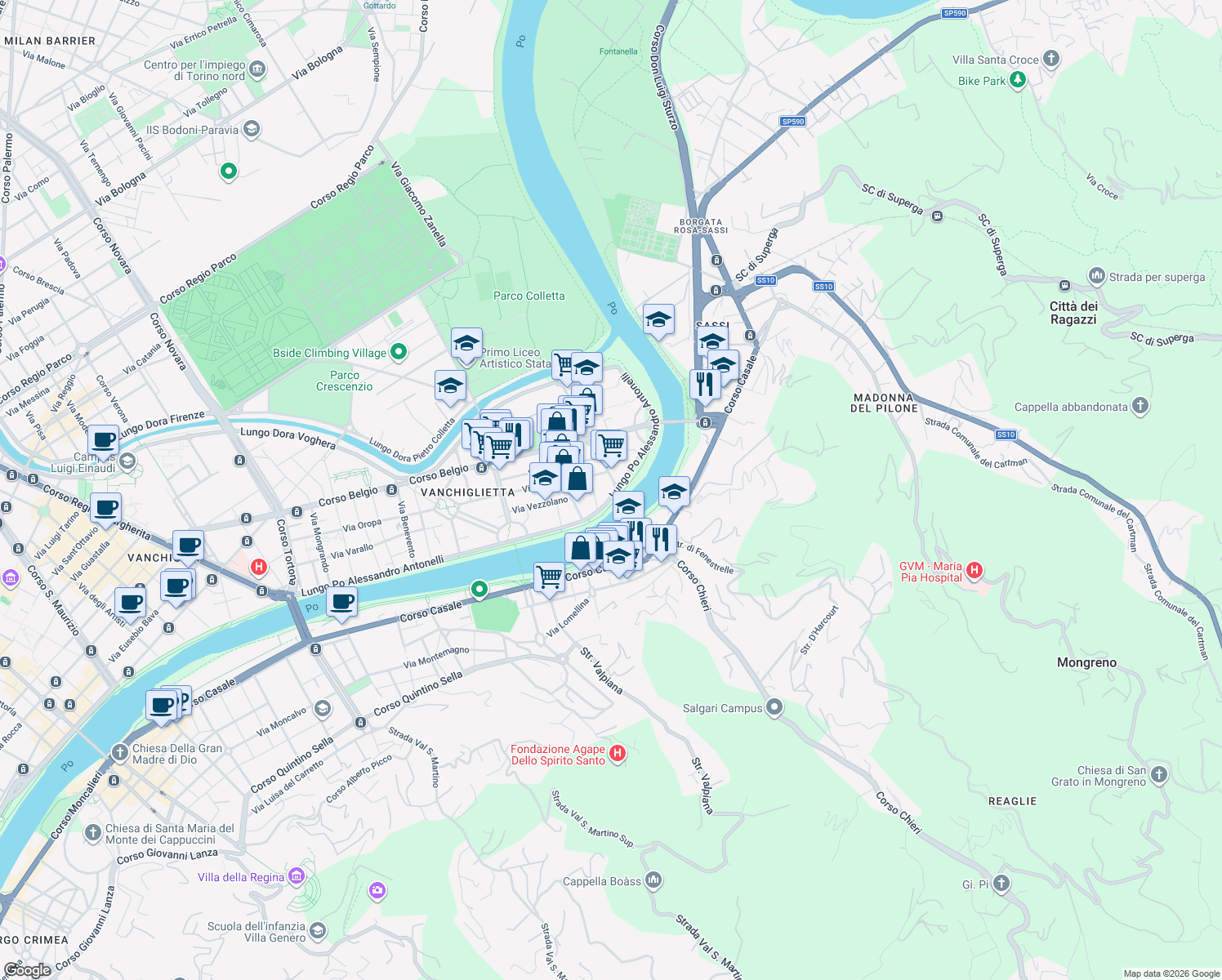 map of restaurants, bars, coffee shops, grocery stores, and more near 41 Corso Cadore in Turin