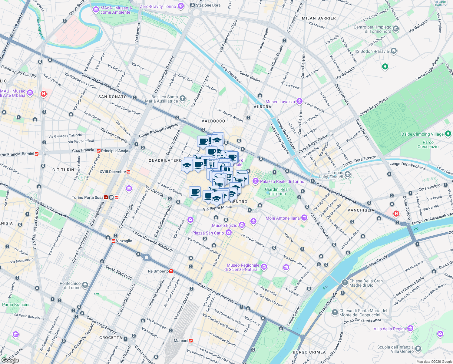 map of restaurants, bars, coffee shops, grocery stores, and more near 12A Via IV Marzo in Turin