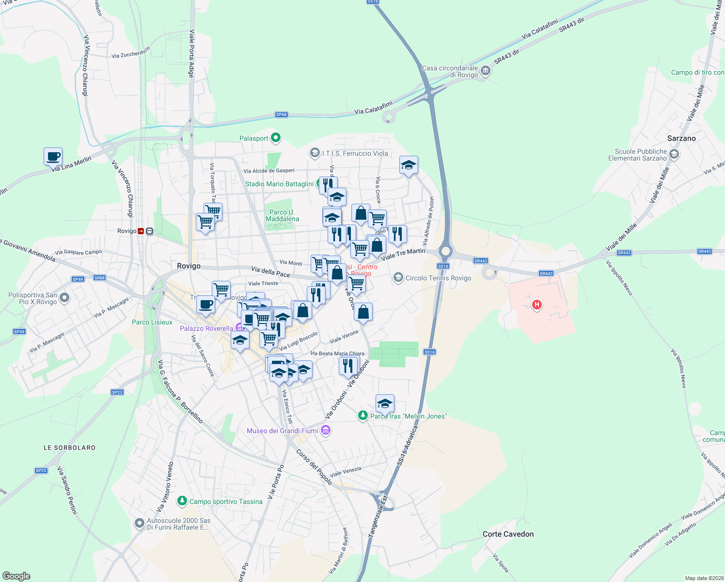 map of restaurants, bars, coffee shops, grocery stores, and more near 27 Via Fratelli Cairoli in Rovigo