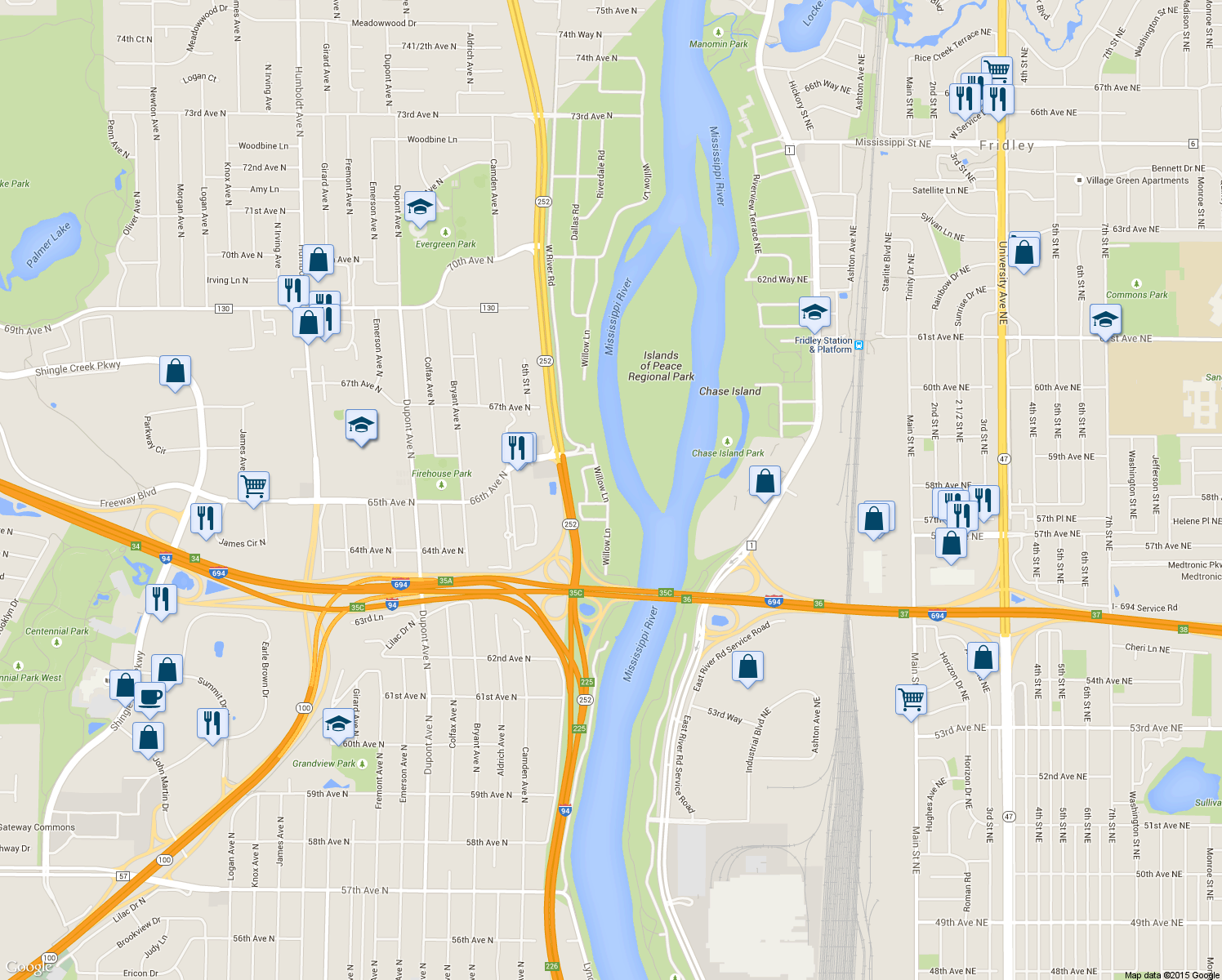 map of restaurants, bars, coffee shops, grocery stores, and more near 6512 Willow Lane in Brooklyn Center