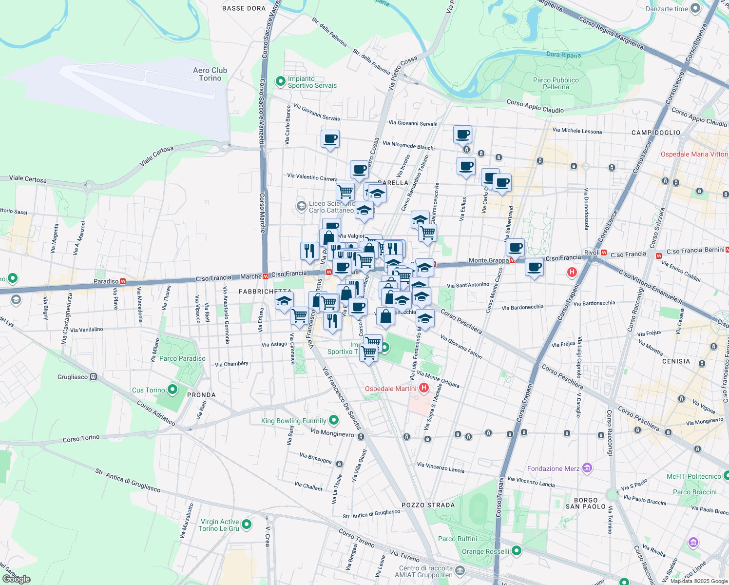 map of restaurants, bars, coffee shops, grocery stores, and more near 18 Corso Filippo Brunelleschi in Torino