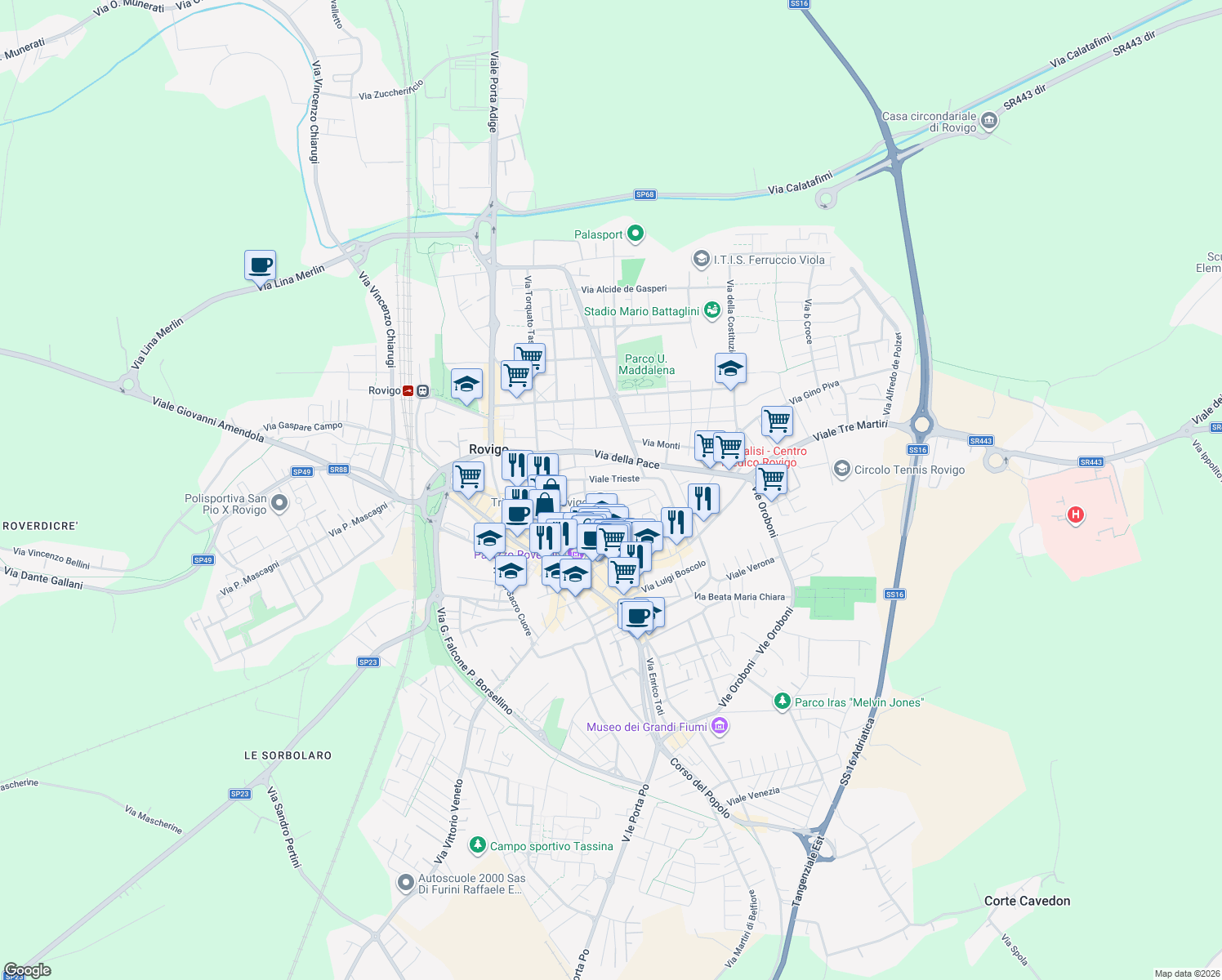map of restaurants, bars, coffee shops, grocery stores, and more near 21 Via Mure Soccorso in Rovigo