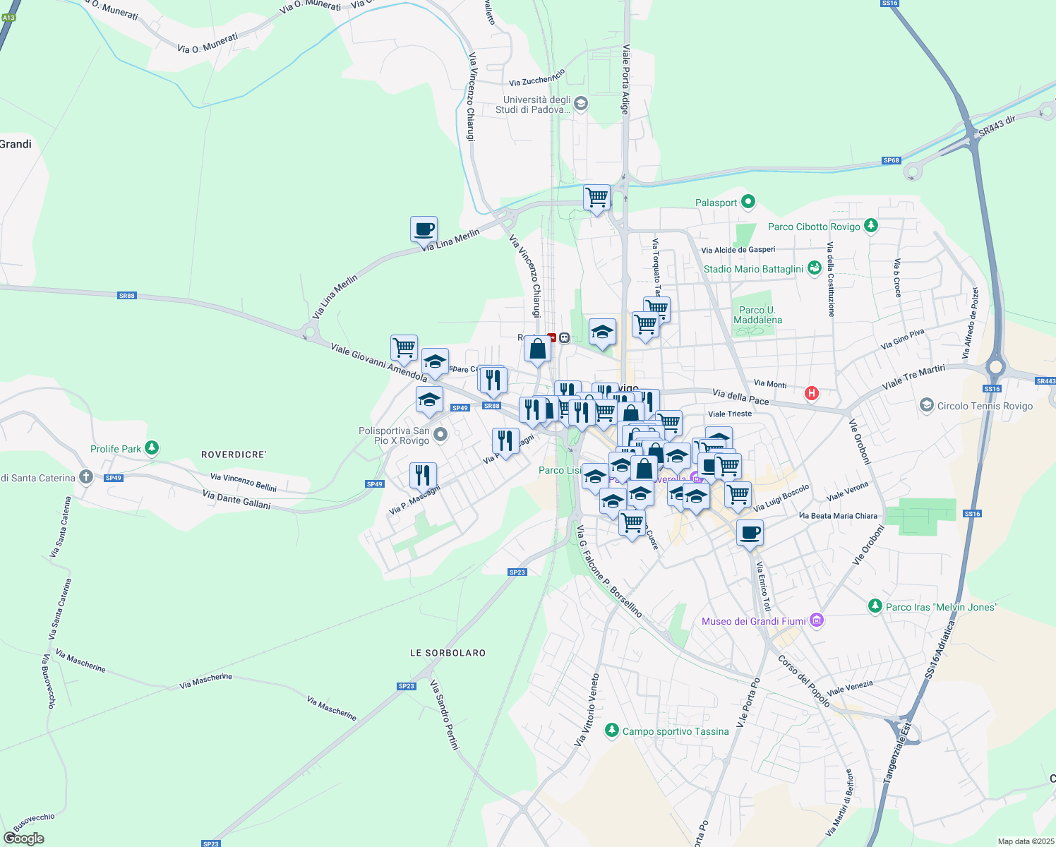 map of restaurants, bars, coffee shops, grocery stores, and more near 31C Viale Giovanni Amendola in Rovigo