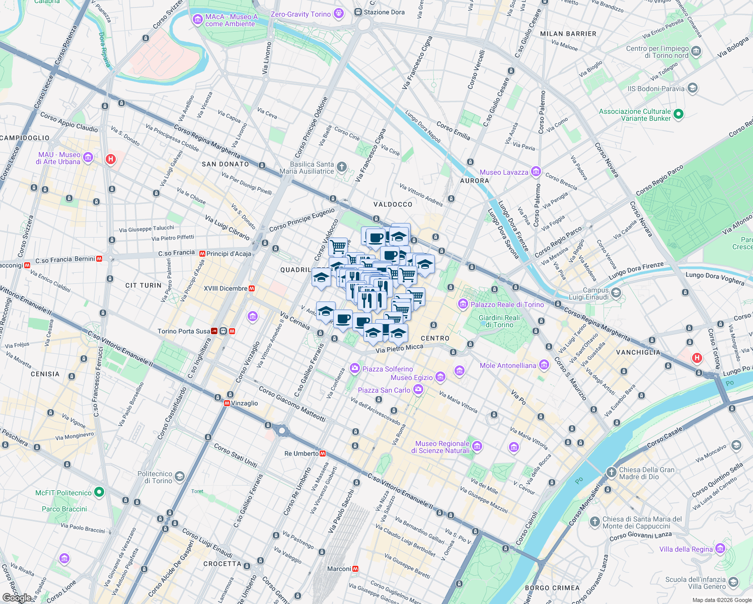 map of restaurants, bars, coffee shops, grocery stores, and more near 31 Via Giuseppe Garibaldi in Torino