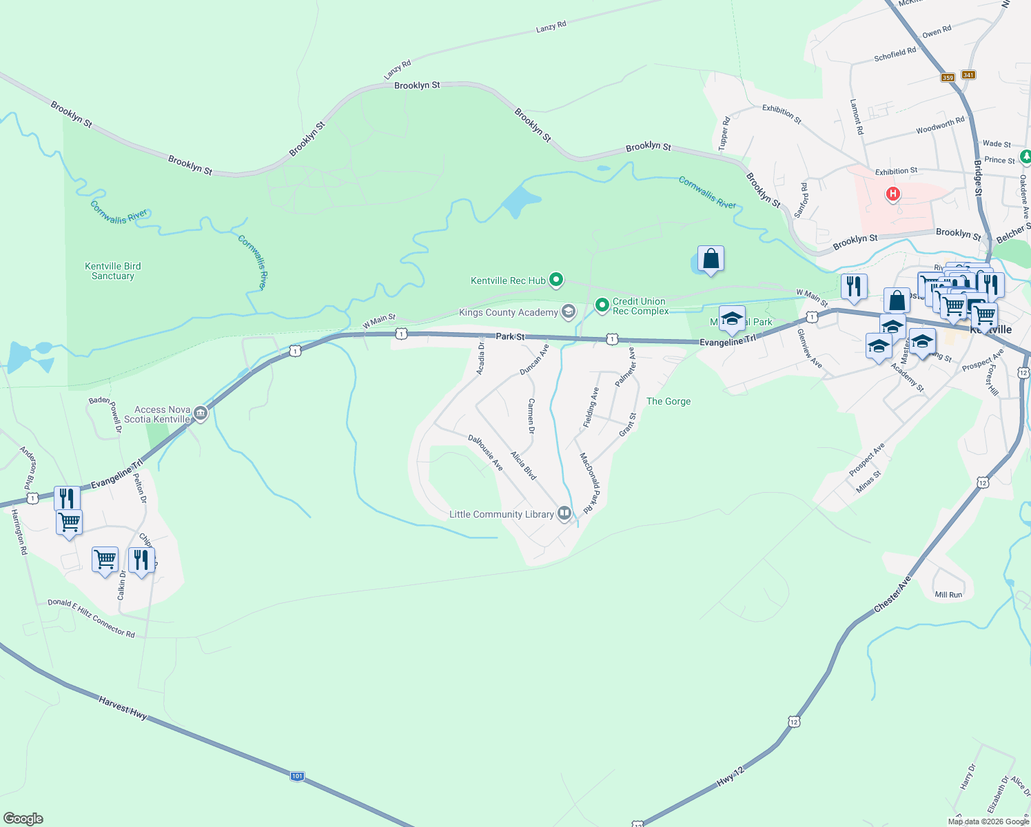 map of restaurants, bars, coffee shops, grocery stores, and more near 9 Glenlee Drive in Kentville