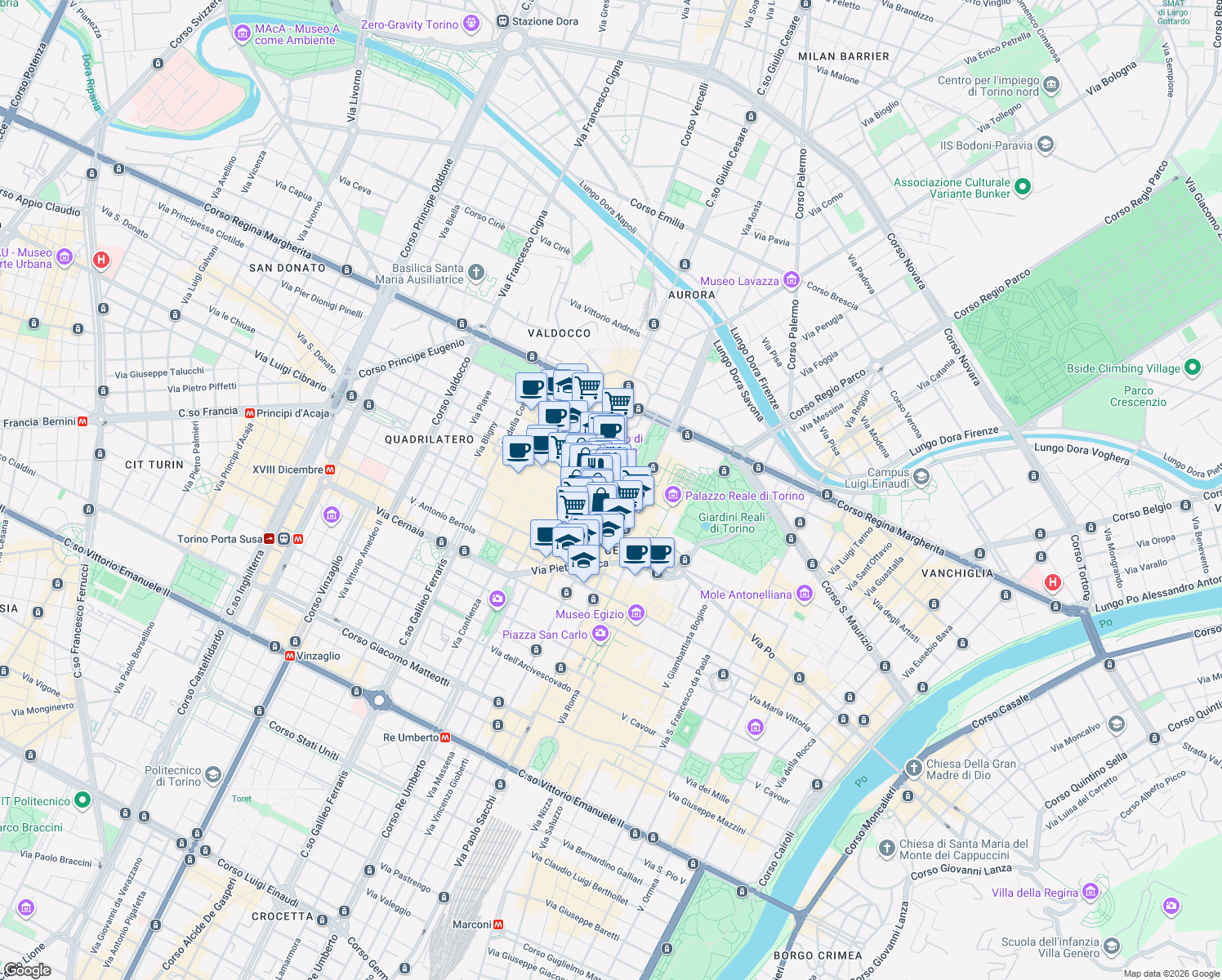 map of restaurants, bars, coffee shops, grocery stores, and more near Via IV Marzo in Turin