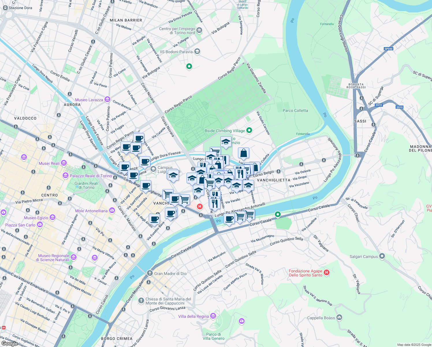 map of restaurants, bars, coffee shops, grocery stores, and more near 15 Via Cossila in Torino