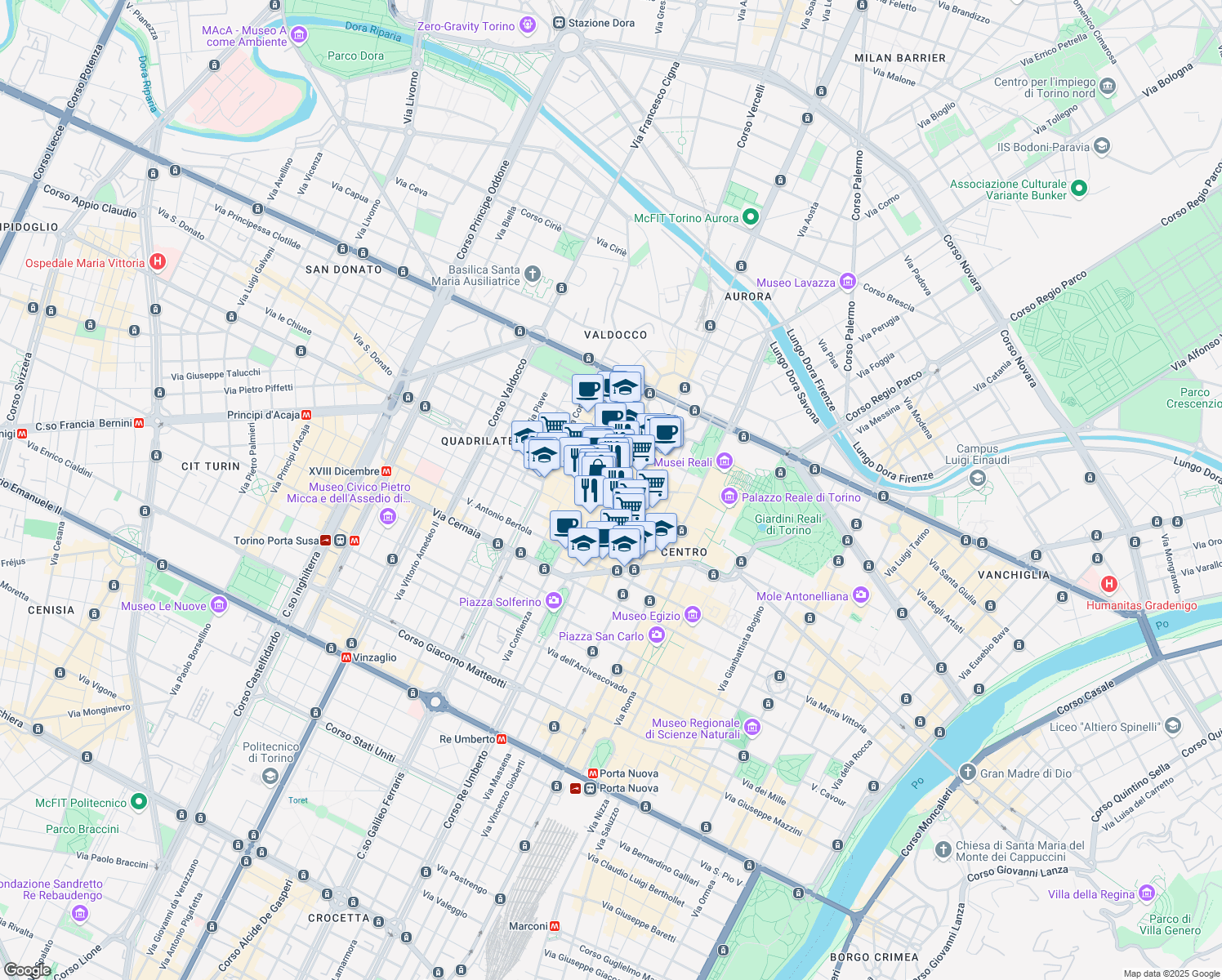 map of restaurants, bars, coffee shops, grocery stores, and more near 5/F Via Gian Francesco Bellezia in Torino