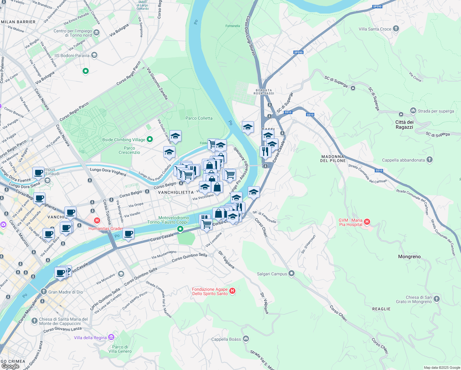 map of restaurants, bars, coffee shops, grocery stores, and more near 41 Corso Cadore in Turin