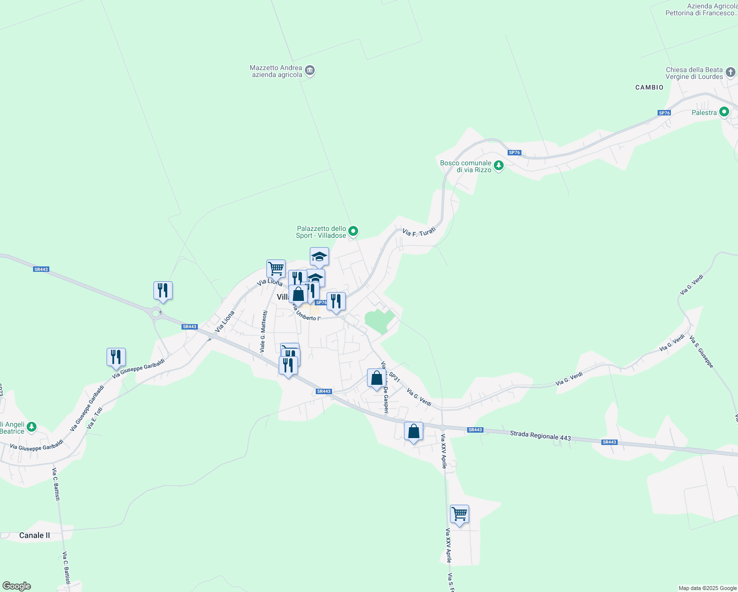 map of restaurants, bars, coffee shops, grocery stores, and more near 66 Via A. A. Rizzo in Villadose