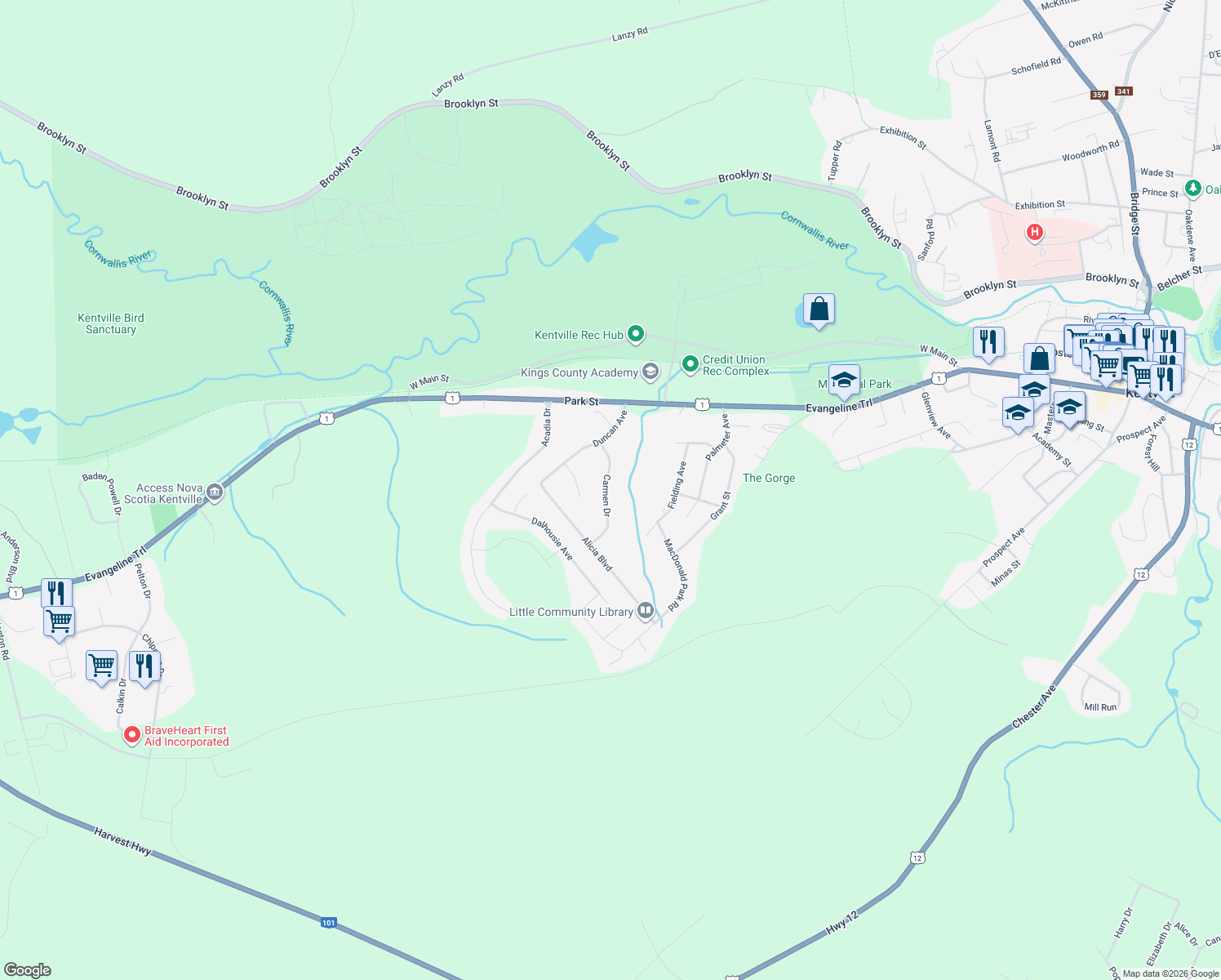 map of restaurants, bars, coffee shops, grocery stores, and more near 27 Carmen Drive in Kentville