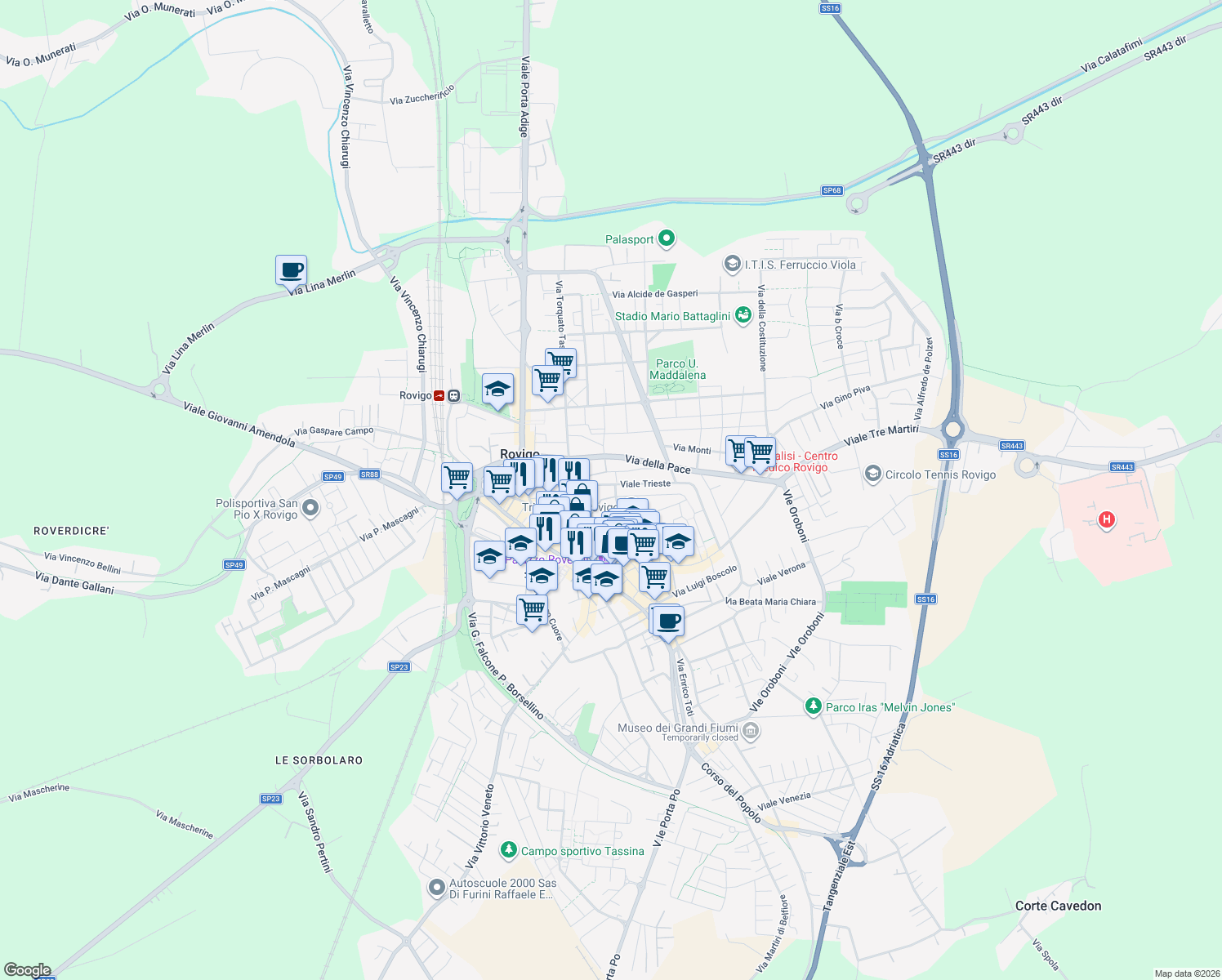 map of restaurants, bars, coffee shops, grocery stores, and more near 34 Viale Trieste in Rovigo