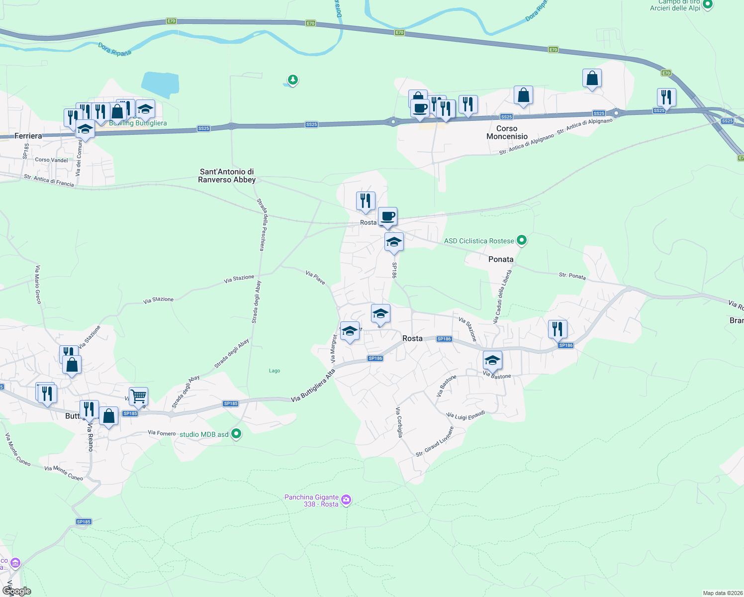map of restaurants, bars, coffee shops, grocery stores, and more near 31 Vicolo Chianale in Rosta