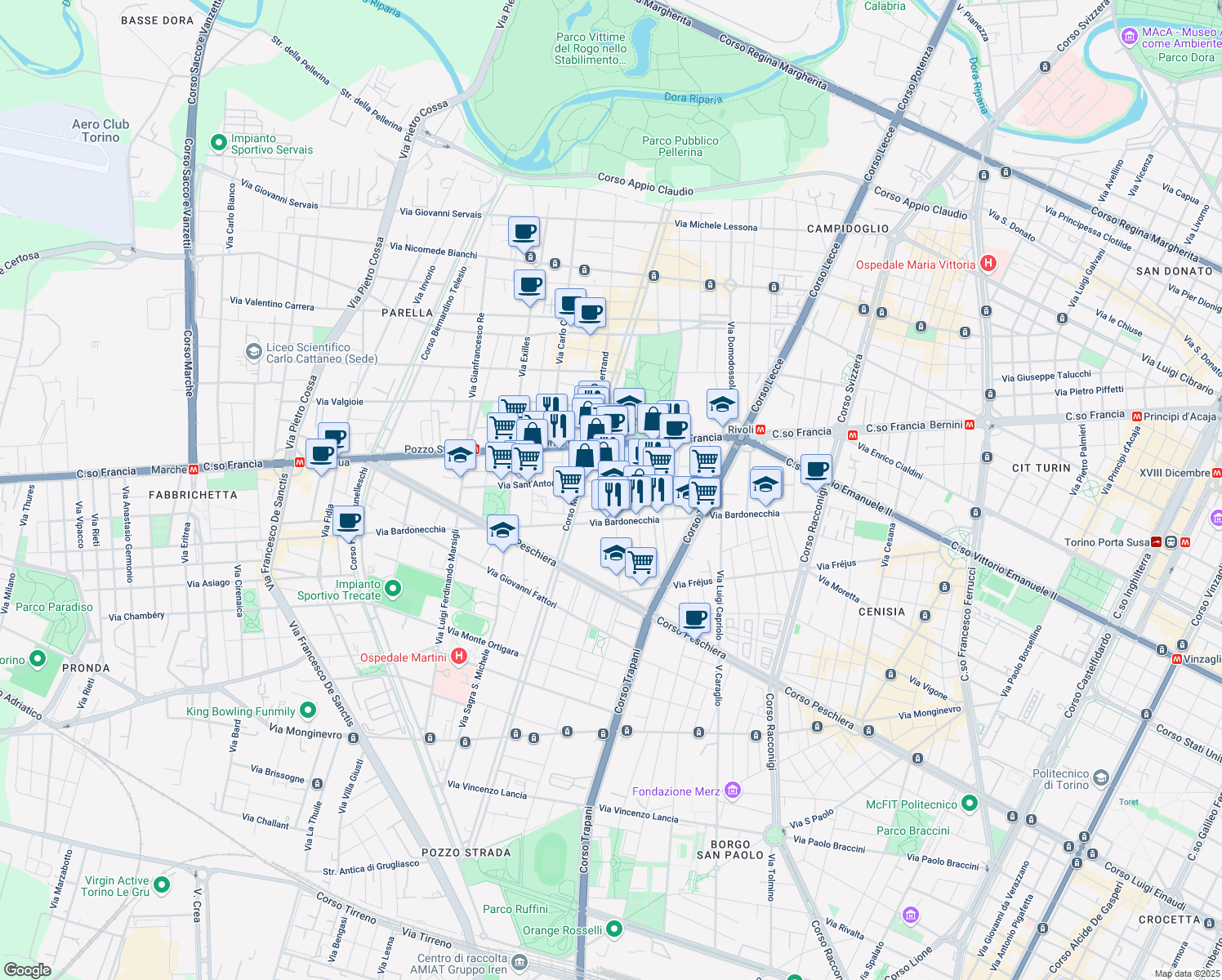 map of restaurants, bars, coffee shops, grocery stores, and more near 16 Via Borgone in Torino