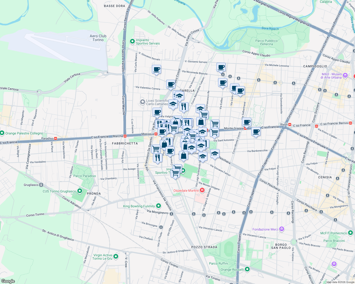 map of restaurants, bars, coffee shops, grocery stores, and more near 1/B Corso Filippo Brunelleschi in Torino