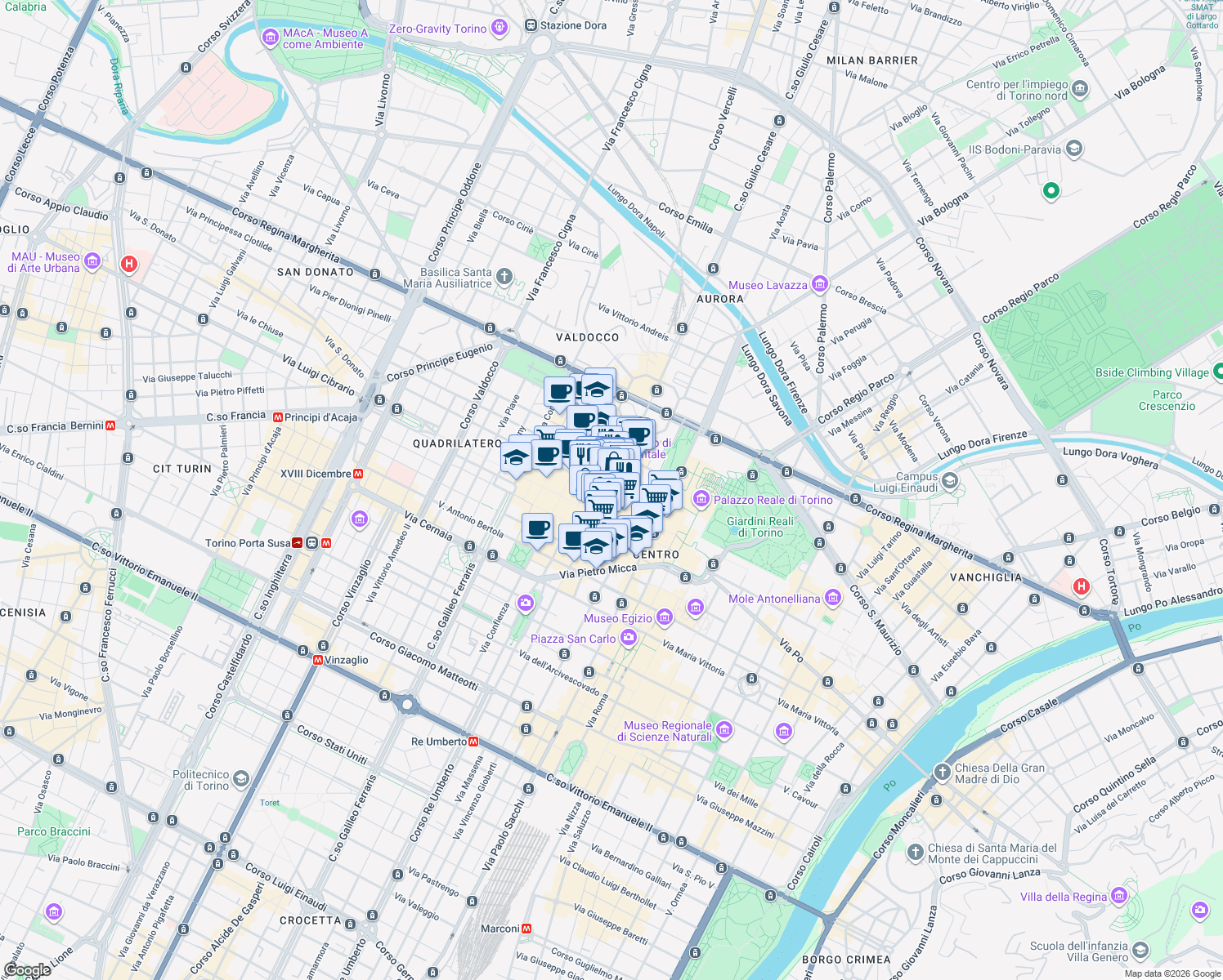 map of restaurants, bars, coffee shops, grocery stores, and more near 12 Via IV Marzo in Torino